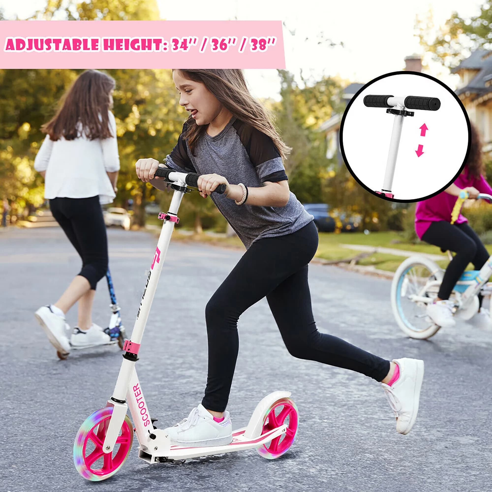 Versatile Scooter with LED, Foldable, Goplus Folding Sports Kick w/LED Wheels - Pink Aluminum Alloy Model 72E2F6