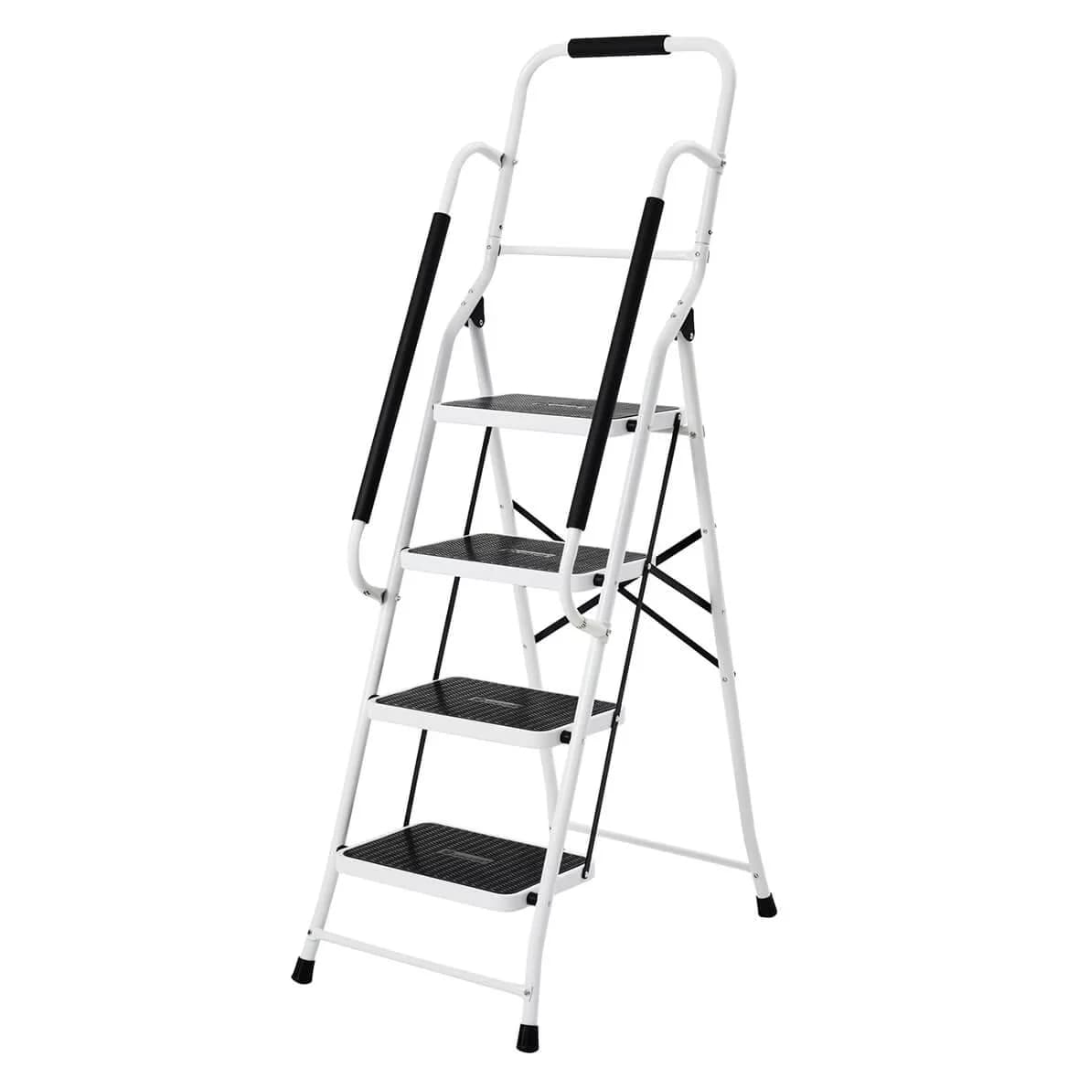 Stylish Ladders And Step Stool with Assembly Required, Anti-Slip Treads, Padded Handrails–Heavy-Duty Steel Frame - White Iron for... Model AA4CAD
