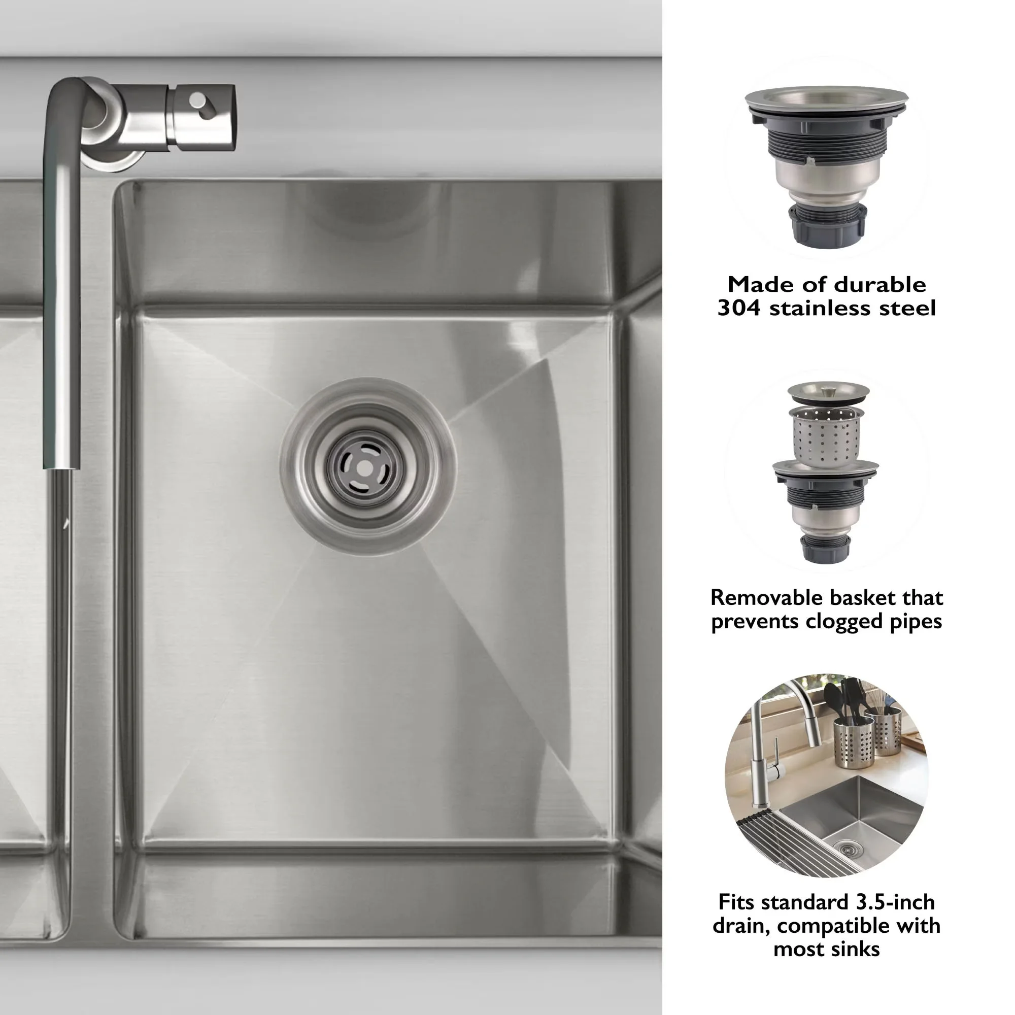 Modern Kitchen Renovation with Traditional, Stainless Steel Sink Drain Strainer, Standard 3.5 in. Fit - Silver Stainless Steel Model A53129