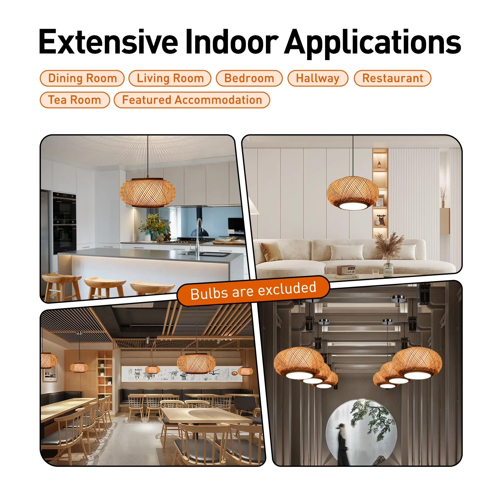 Stylish Ceiling Lights Fixture with LED, Adjustable Height, Natural Rattan Pendant Light - Bamboo Model FE330F