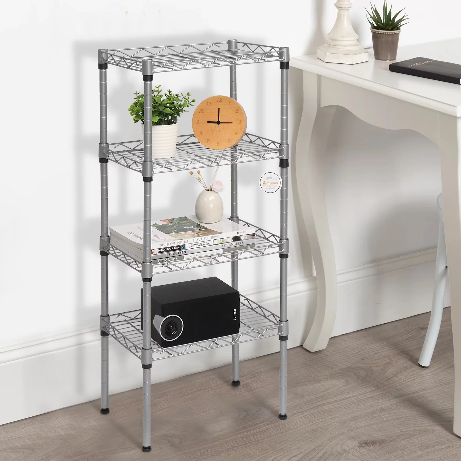 Durable Garage Storage Supply with Adjustable, 4 Tier Wire Shelving, Adjustable Rack Unit - Silver Carbon Steel Model DC5AB0