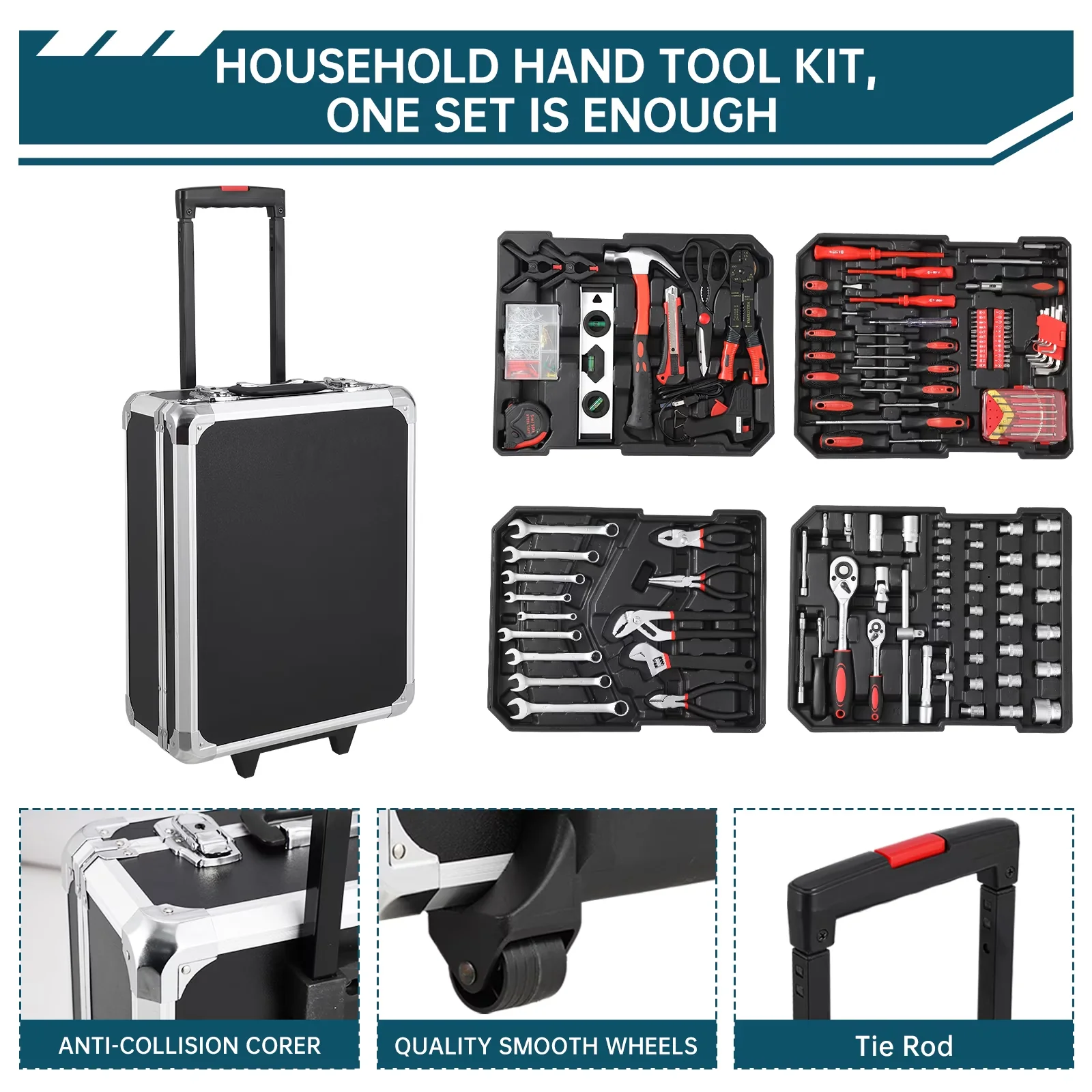 Versatile Hand Tool Set with Comprehensive 186-Piece Toolkit, Aluminum Trolley Case - Black Model 7D14E9