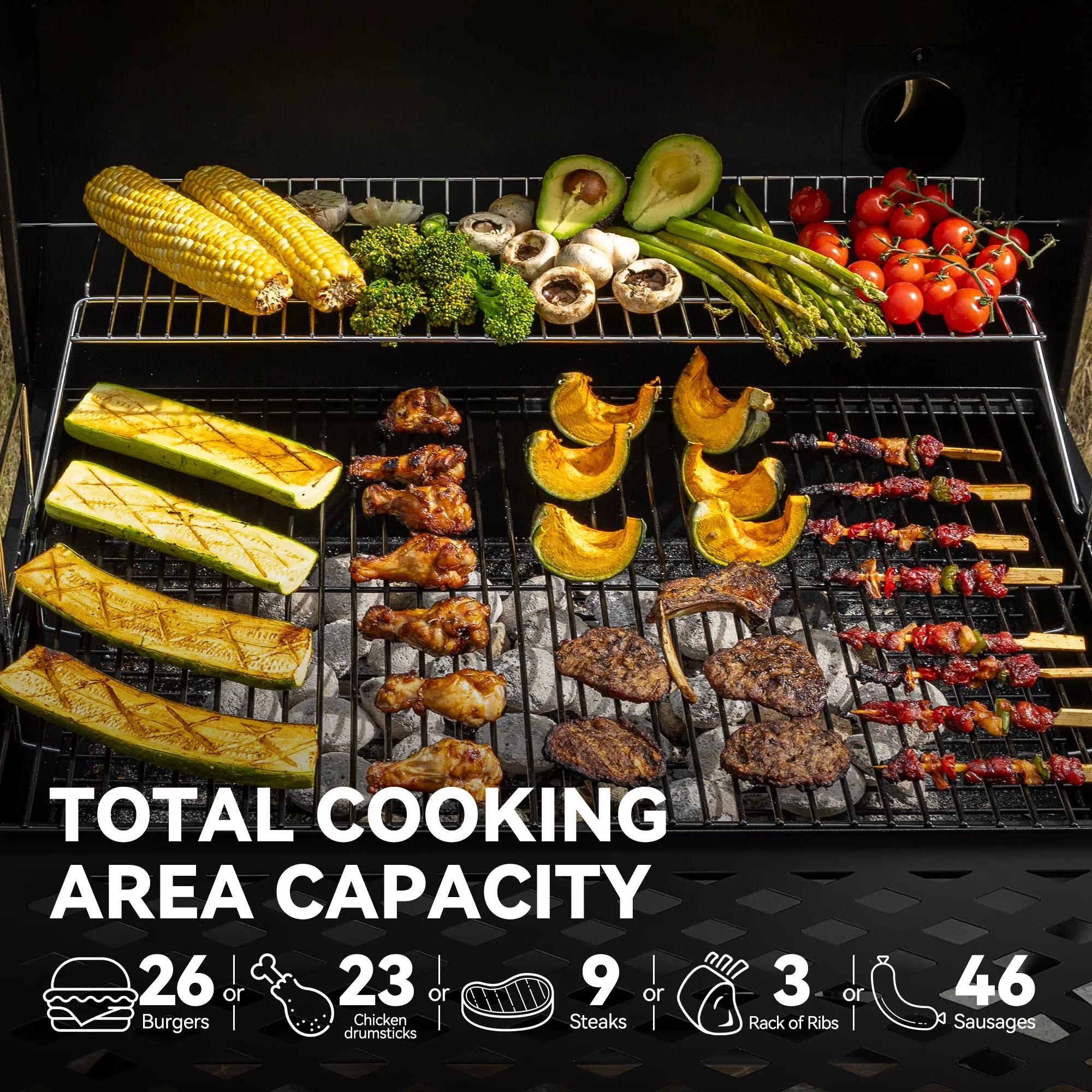 Charcoal Grill Classic with Offset Smoker, 30" Barrel - Black Porcelain Enamel, Chrome Model 8F2C50