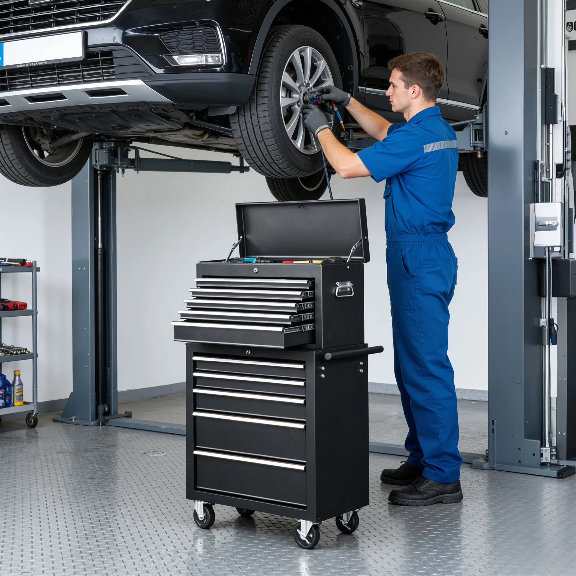 Toolstorage Versatile with Lockable, Lockable Garage Organizer Cart, 8-Drawer Tool Chest on Wheel - Black Steel Model E67F75