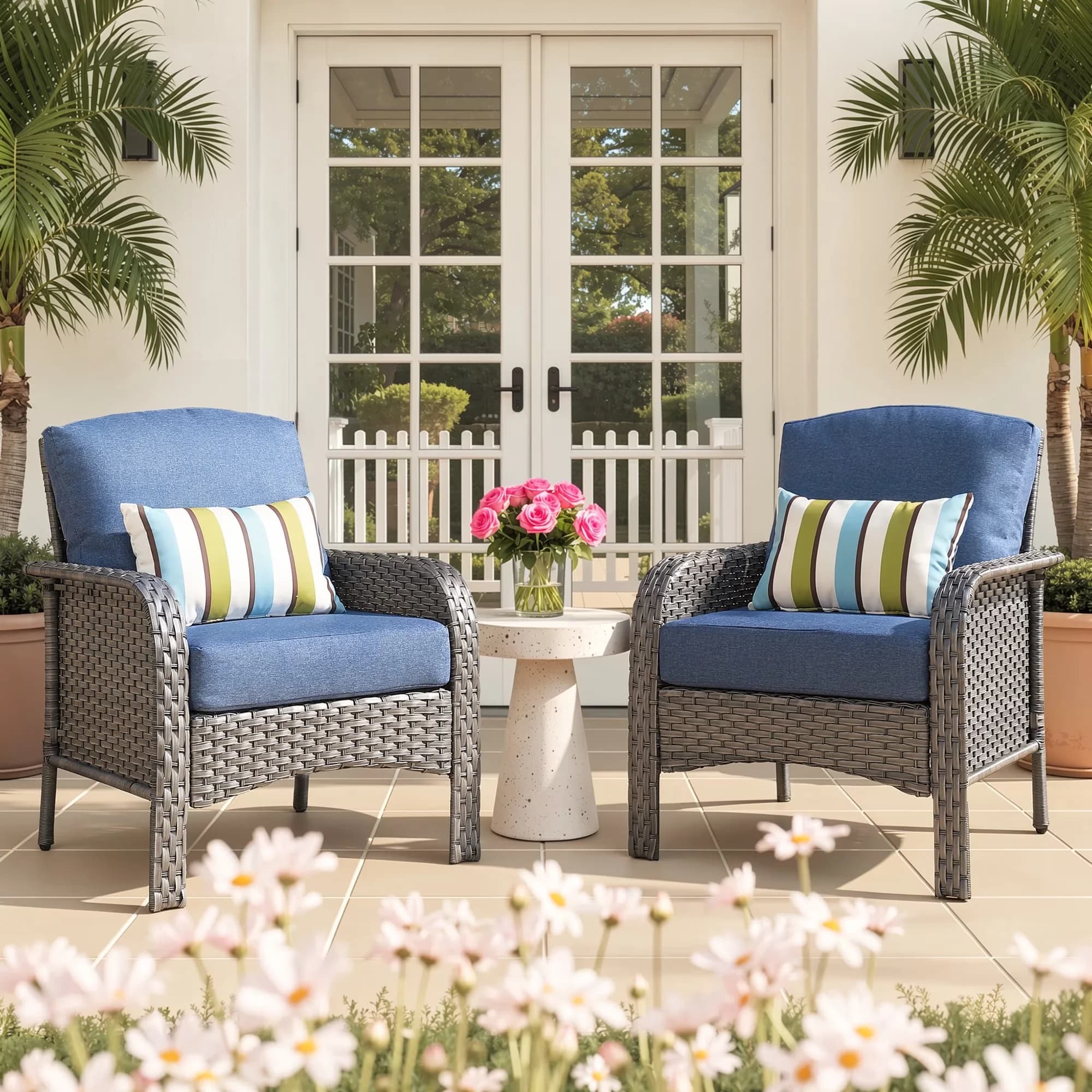 Premium Patio Dining Set with Weatherproof, Cushions, Denim Blue - Wicker Blue Model 209EAF