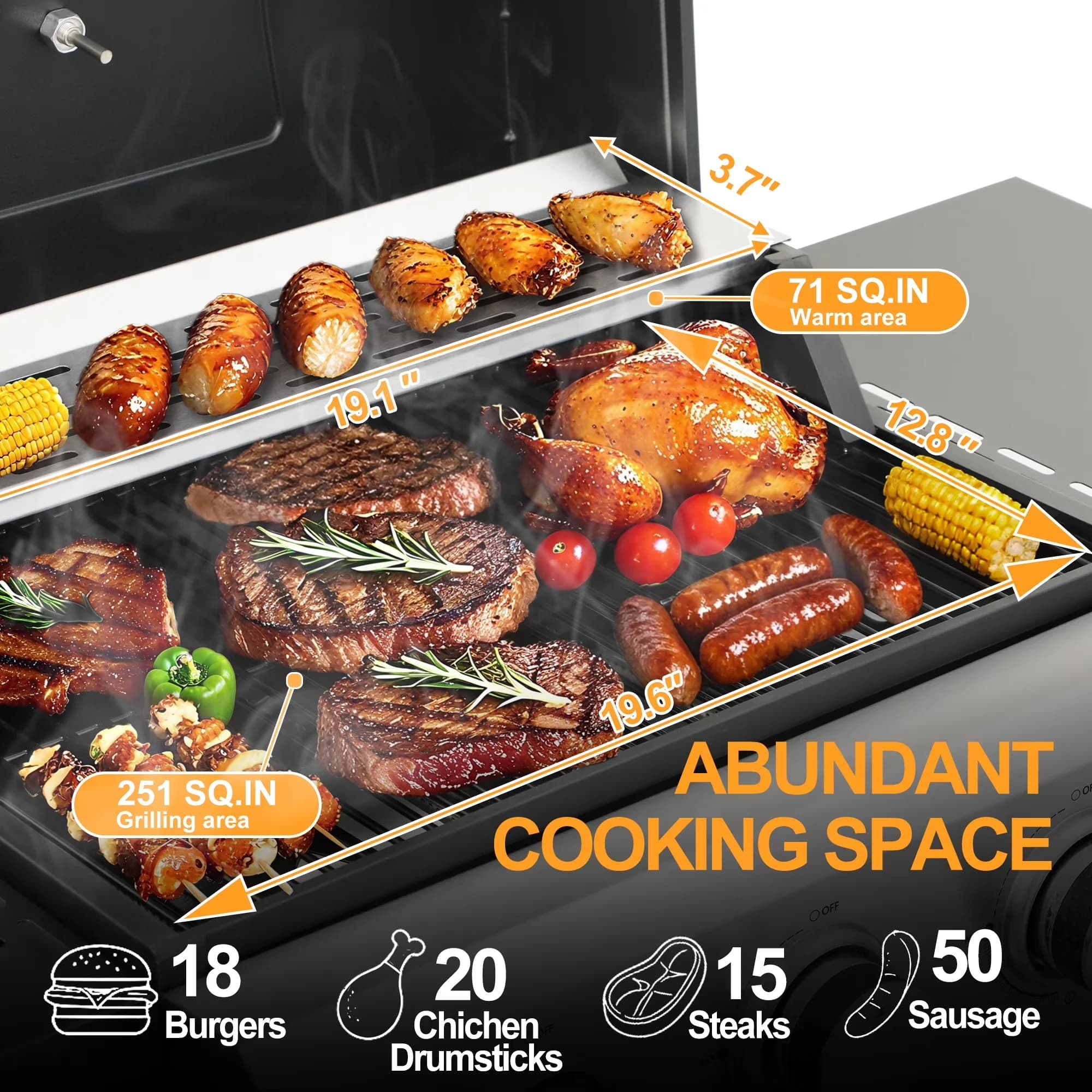 Gas Grill Essential with 30000 BTU, Warming Rack - Silver Metal, Stainless Steel Model F72718