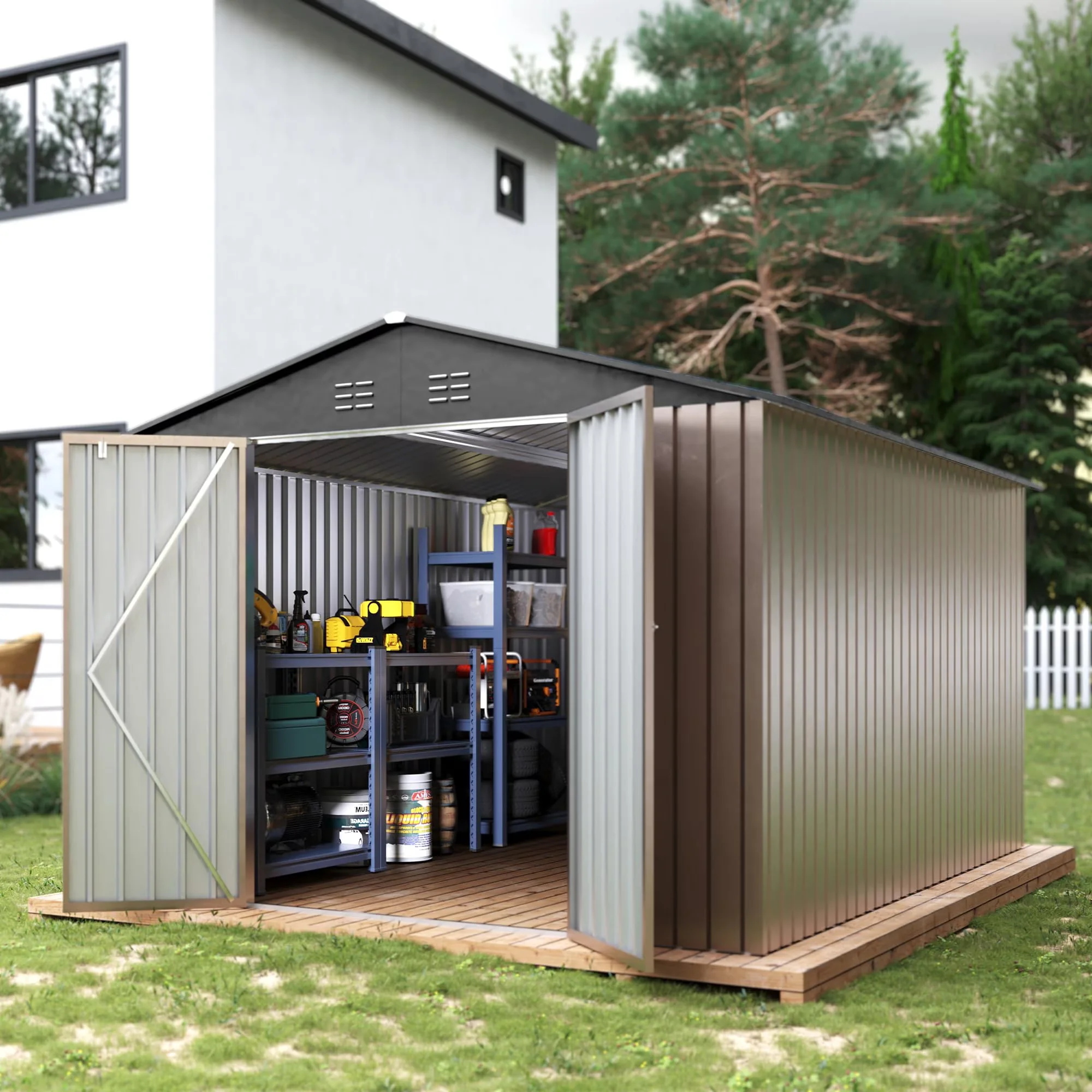 Shed Innovative with Lockable Door, Uv Resistant, Updated Frame Structure - Metal 8' x 12' for Garden, Patio Model C44A06