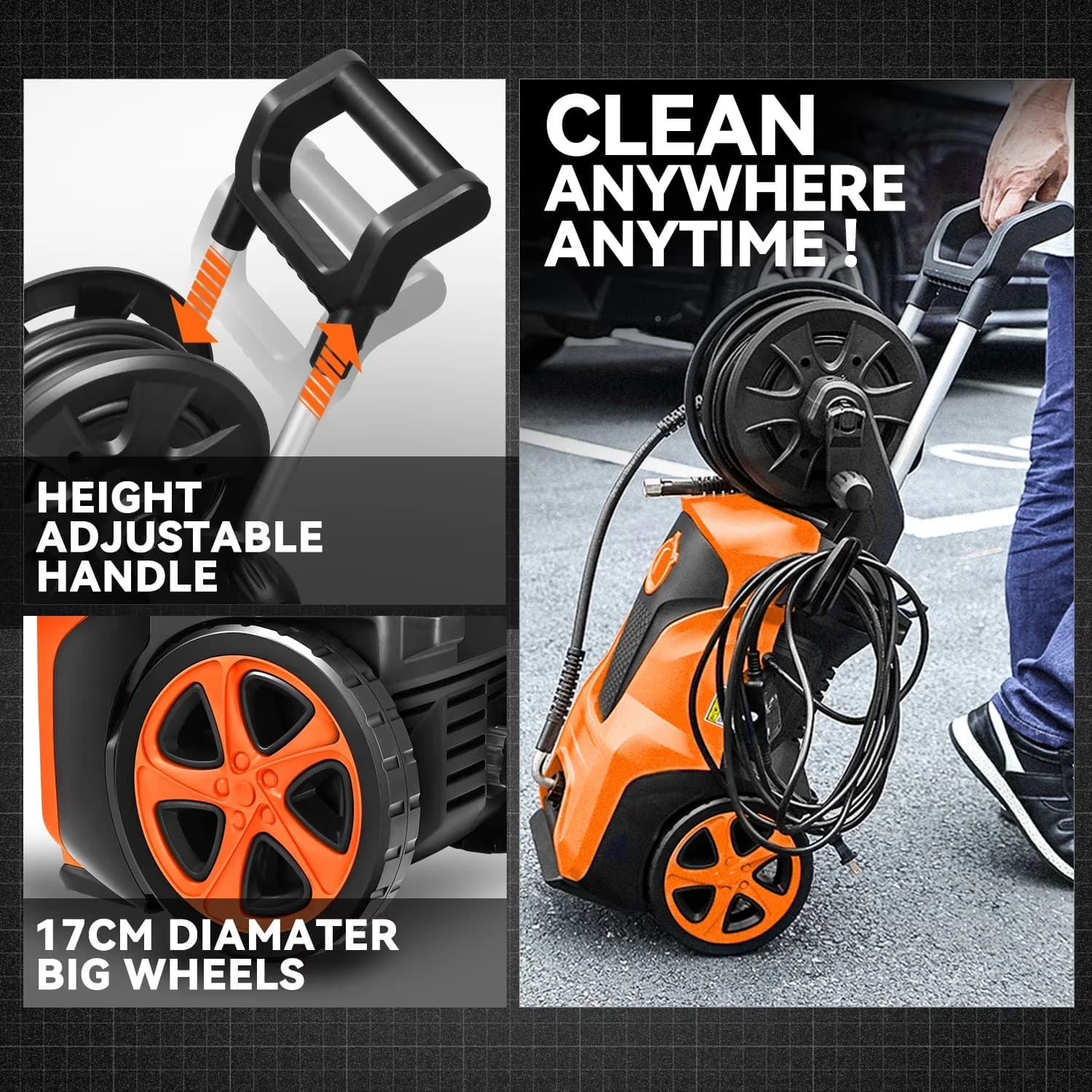 Pressure Washer Modern with 1800W, Adjustable Wand, Big wheel (Dia. 17cm) for easy movement. for Car, Patio - Model 23CBC3