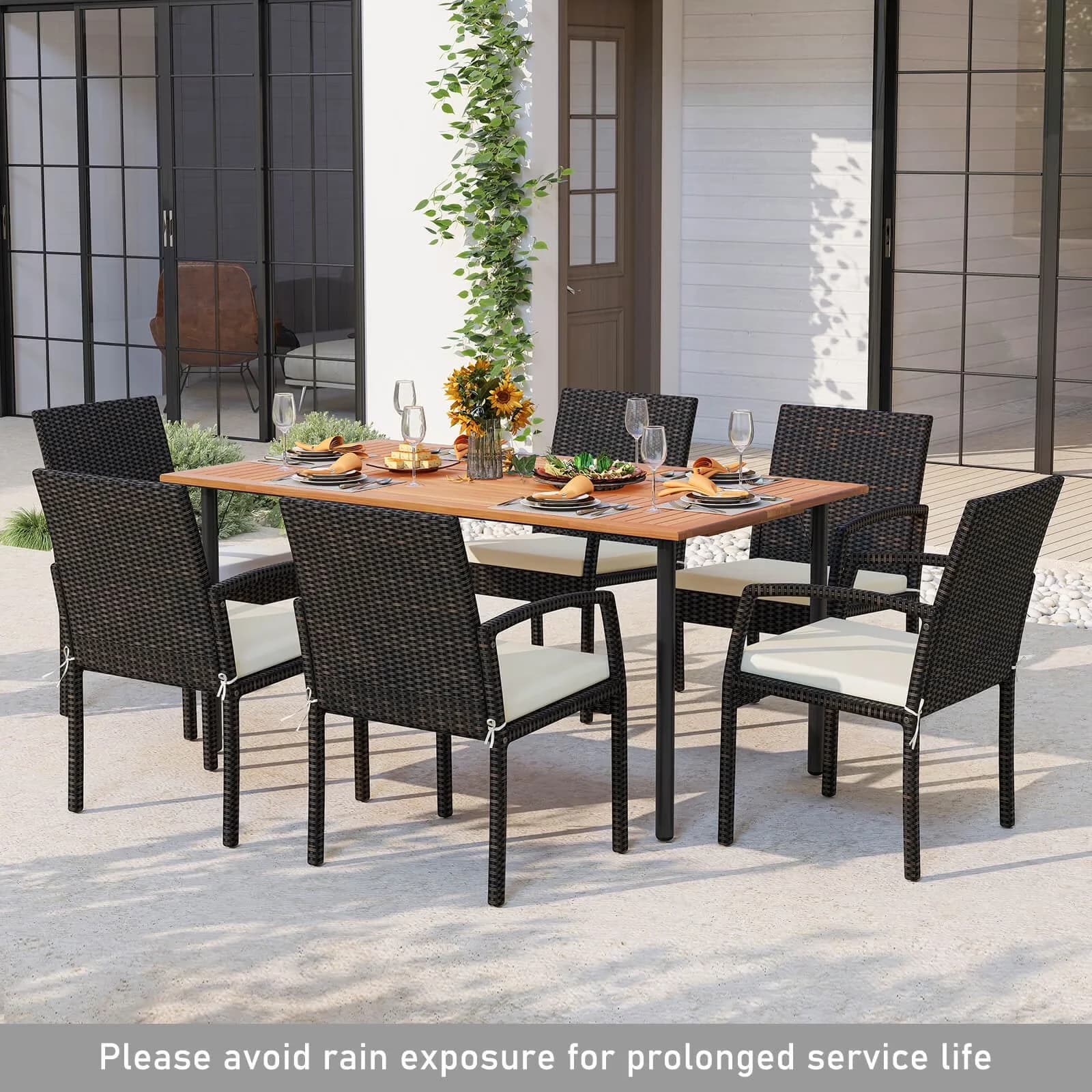 Patio Dining Set Premium with Modern, 7PCS Rattan Table Top W/Umbrella Hole - Pe Wicker, Acacia Wood, Steel, Polyester, Sponge White Model 59E0AA