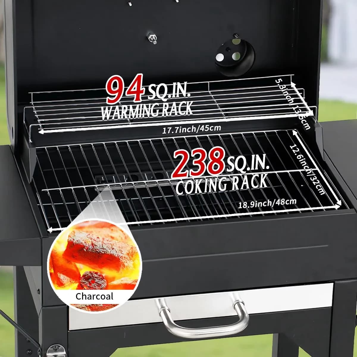 Charcoal Grill Efficient with Heat Thermometer, Adjustable Air Vents - Metal for Outdoor, Picnic Model 12E009