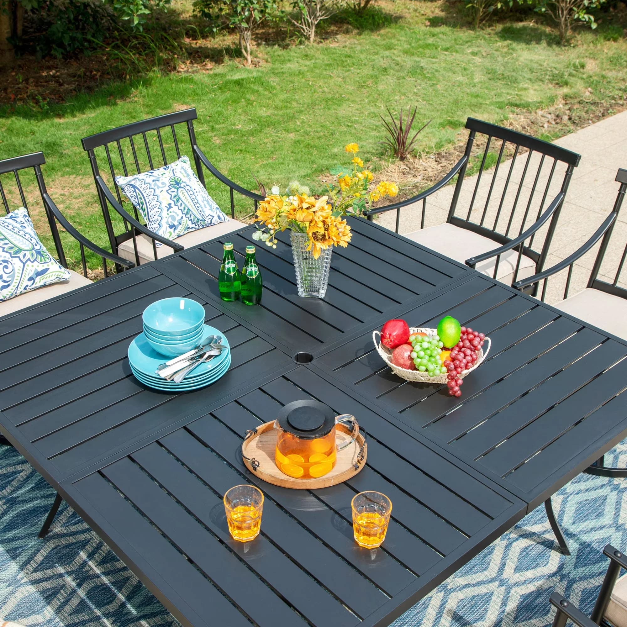Premium Patio Dining Set with Contemporary, Large Square Table & Swivel Chairs, 9-Piece Outdoor - Black Metal Steel & Polyester Model 9D4A84