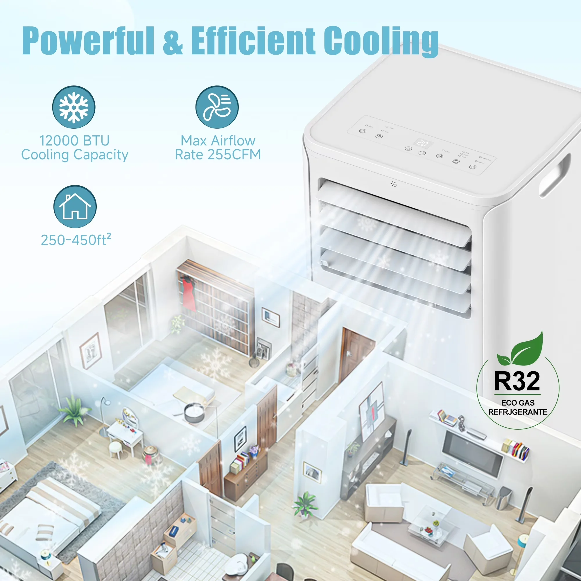 Professional Air Conditioner with LED, 12000 BTU for Living Room, Bedroom - Model 077A07
