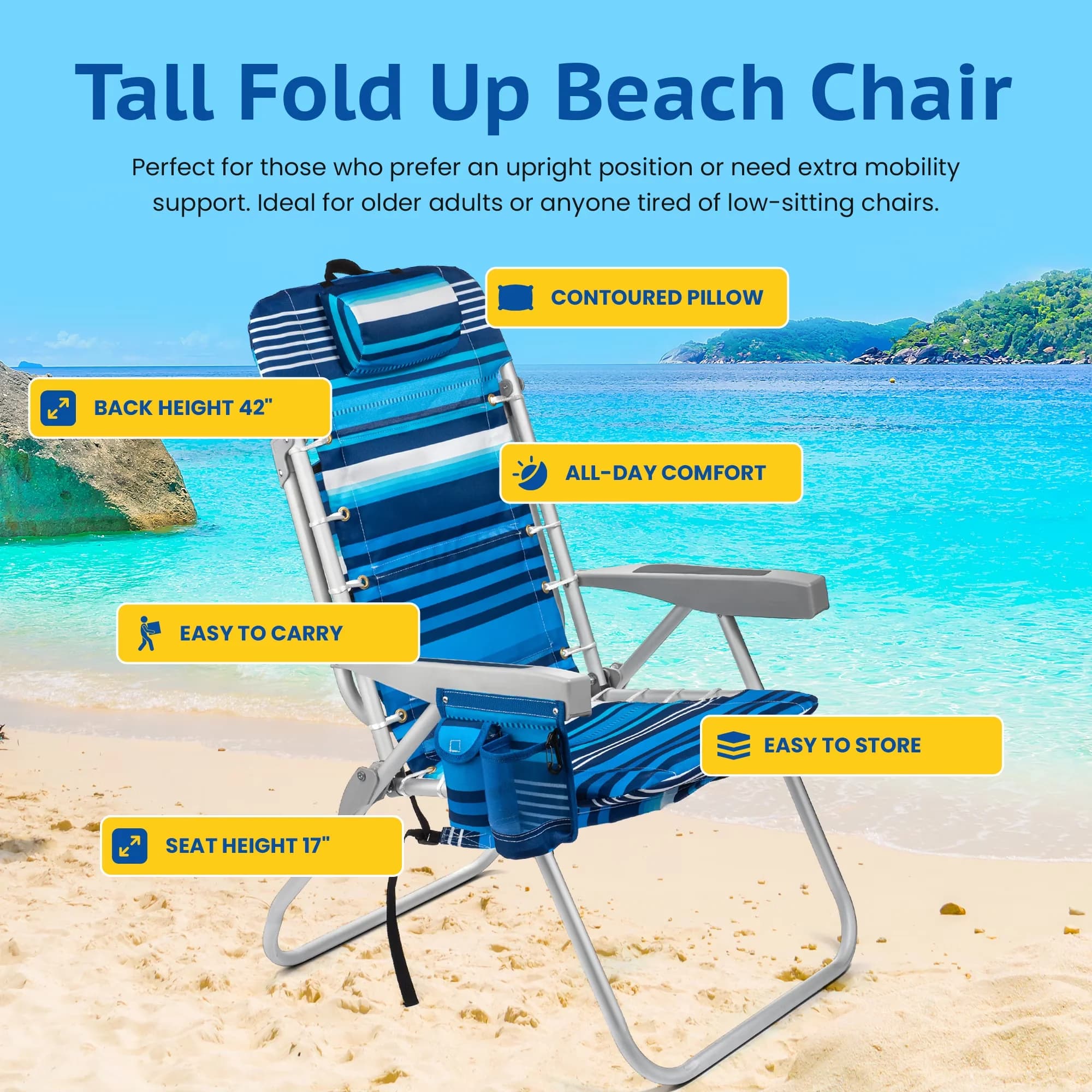 Essential Beach Chair with Folding, Towel bar, High Tide - Blue Aluminum Model 781C34