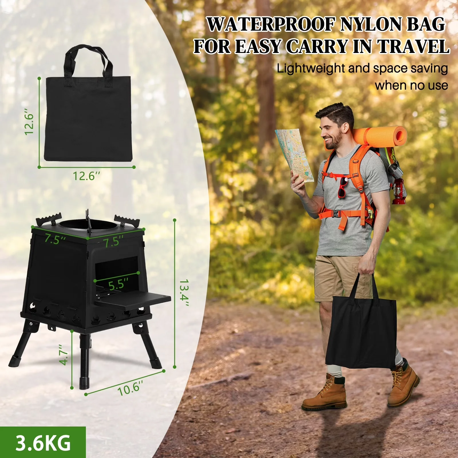 Classic Flat Top Grill with Portable, Portable Wood Burning Camping Stove Set, Foldable Outdoor Cooking Stove - Black Alloy Steel Model E87DB0