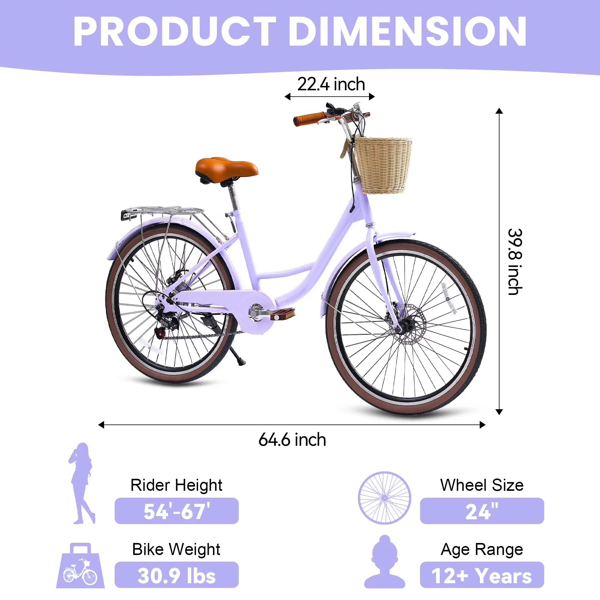 Essential Cruiser Bike with Lightweight, 24 Inch Beach - Light Purple - Residential Grade Model CEE8CD