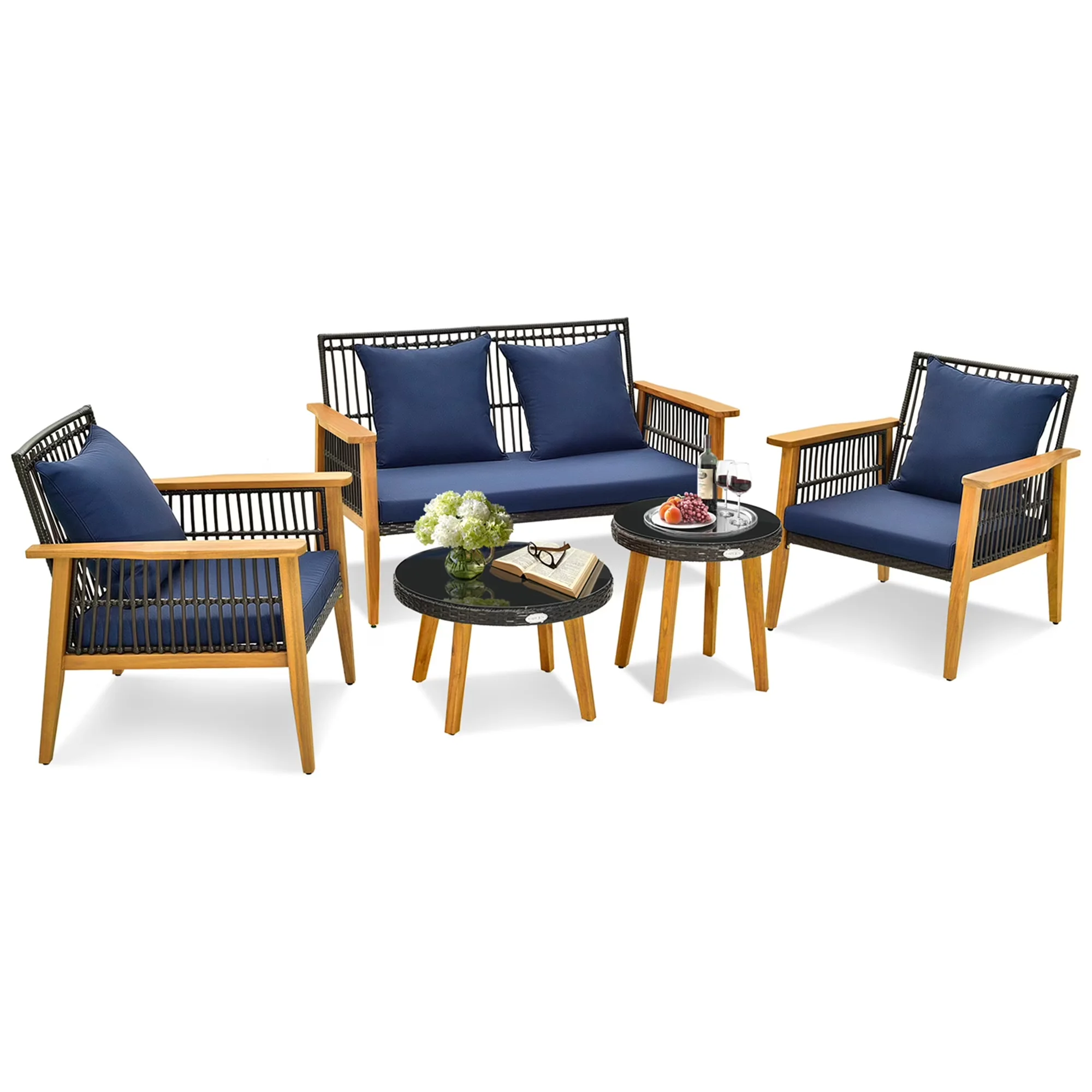 Essential Patio Conversation Set - Pe Rattan, Metal, Acacia Wood, Polyester, Sponge, Tempered Glass Navy Model D03779