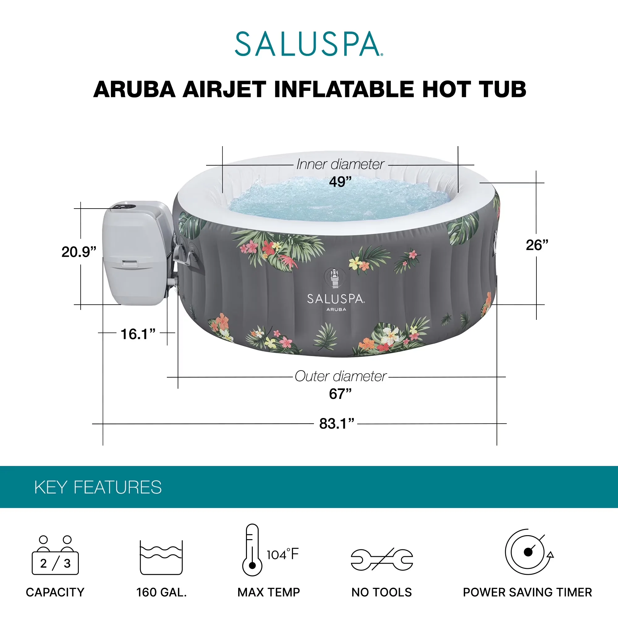Stylish Hot Tub with Energy Efficient, Inflatable, Insulated - 67 x 26 Model 944F6C