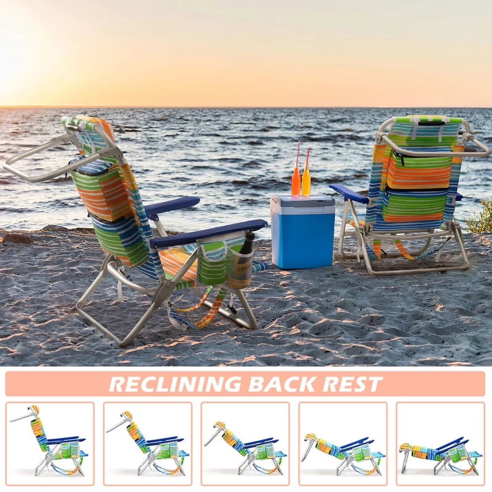 Premium Beach Chair with Adjustable, Colorful, Backpack - Colorful - Quality Construction Model 16E078