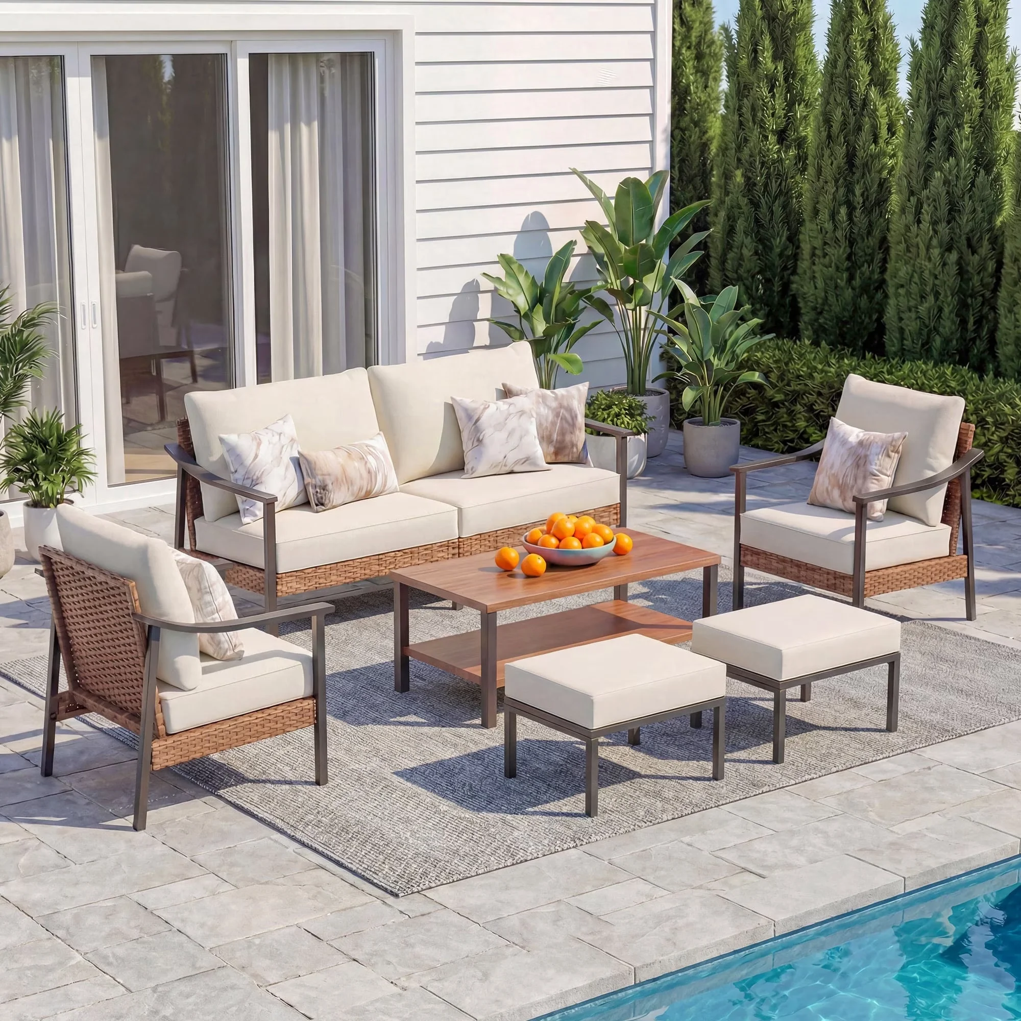 Durable Patio Conversation Set with Weatherproof, 2 Ottomans and Coffee Table, All-weather PE Rattan - Beige Pe Wicker, Steel Model AD3140