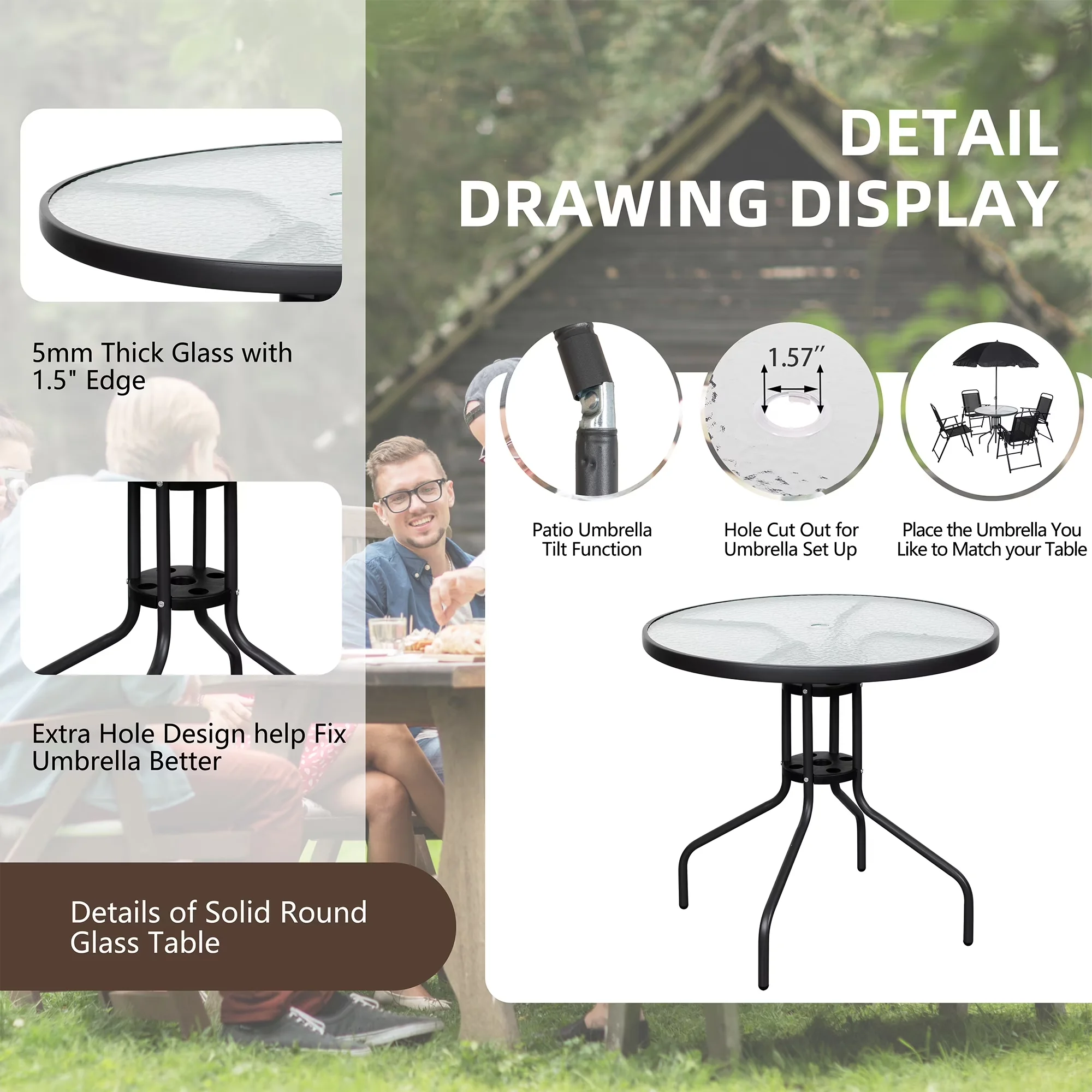 Premium Patio Dining Set with Folding, Umbrella, 6 Piece Furniture - Black Metal, Glass Model EC3F79