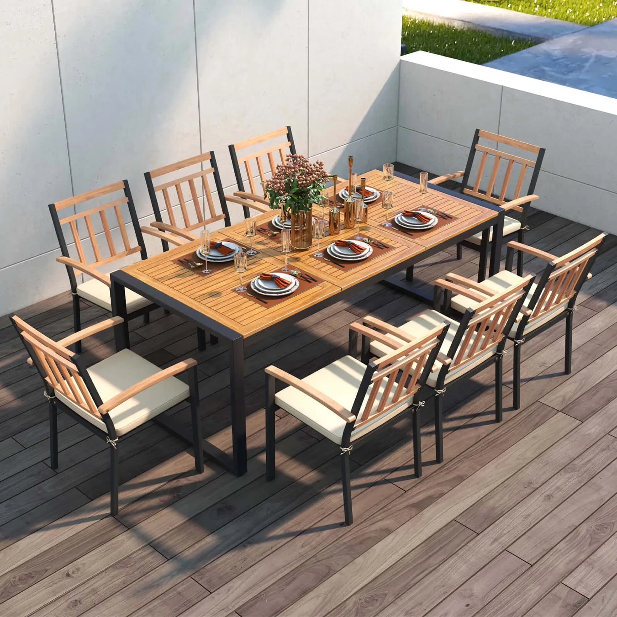 Patio Dining Set Durable with Storage, Soft Cushions and 1.9" Umbrella Hole - Acacia Wood, Metal, Fabric, Sponge Model 88F1BB