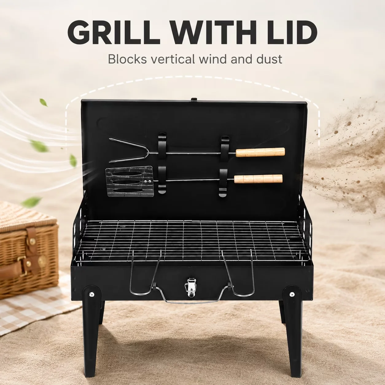 Essential Flat Top Grill with Portable, Portable Square Charcoal - Iron Black Model 33035E