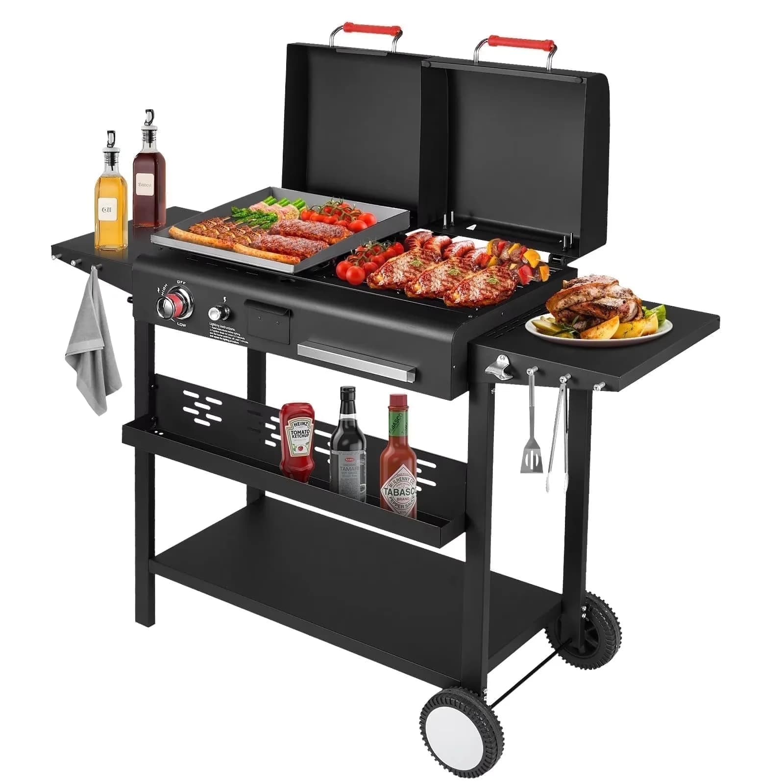 Professional Gas Grill with Black Dual Lids, Dual Fuel Propane - Iron for Outdoor Model 9D1AE6