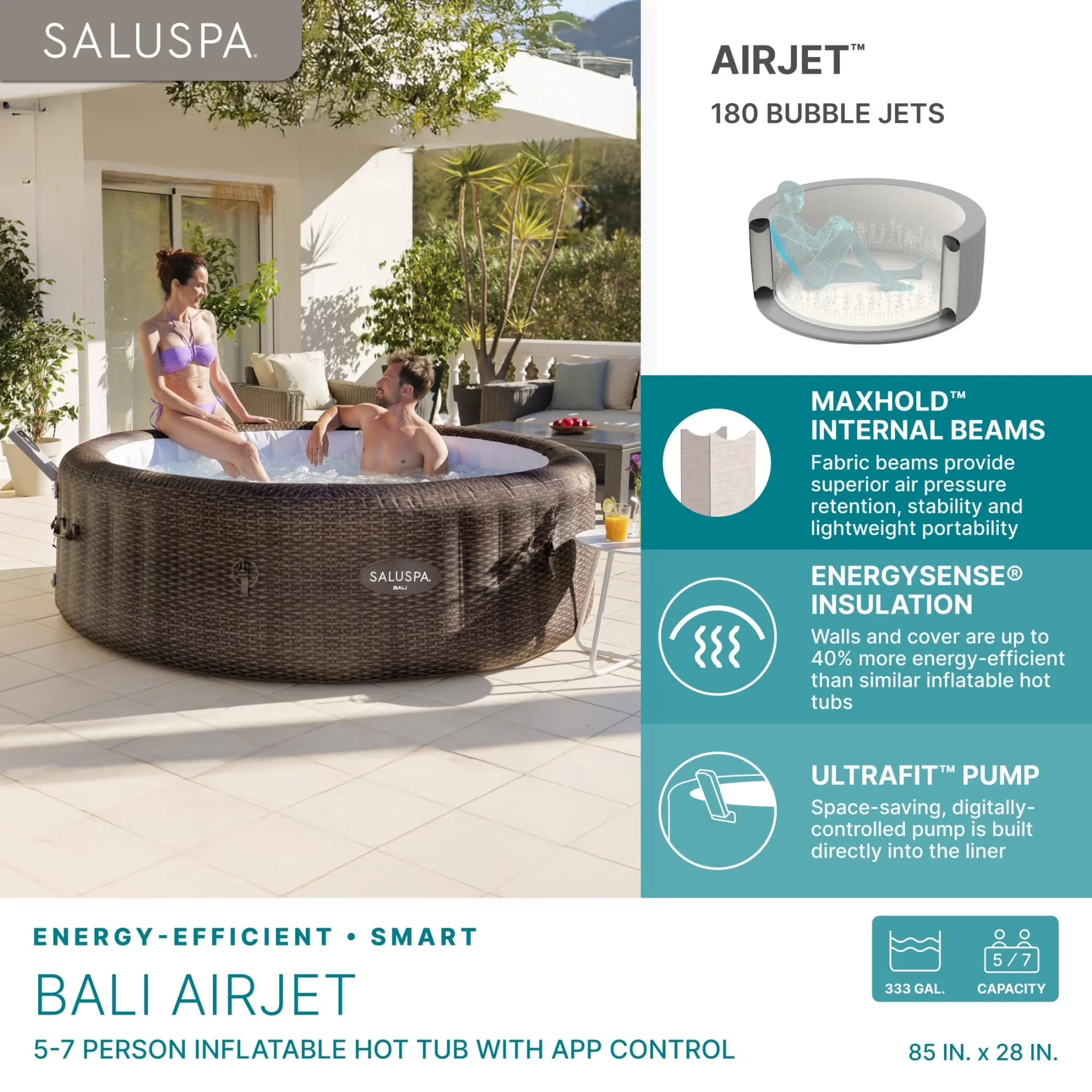 Stylish Hot Tub with Inflatable, 5-7 Person, 85 in x 28 in - Brown - Low Maintenance Model 8E291B