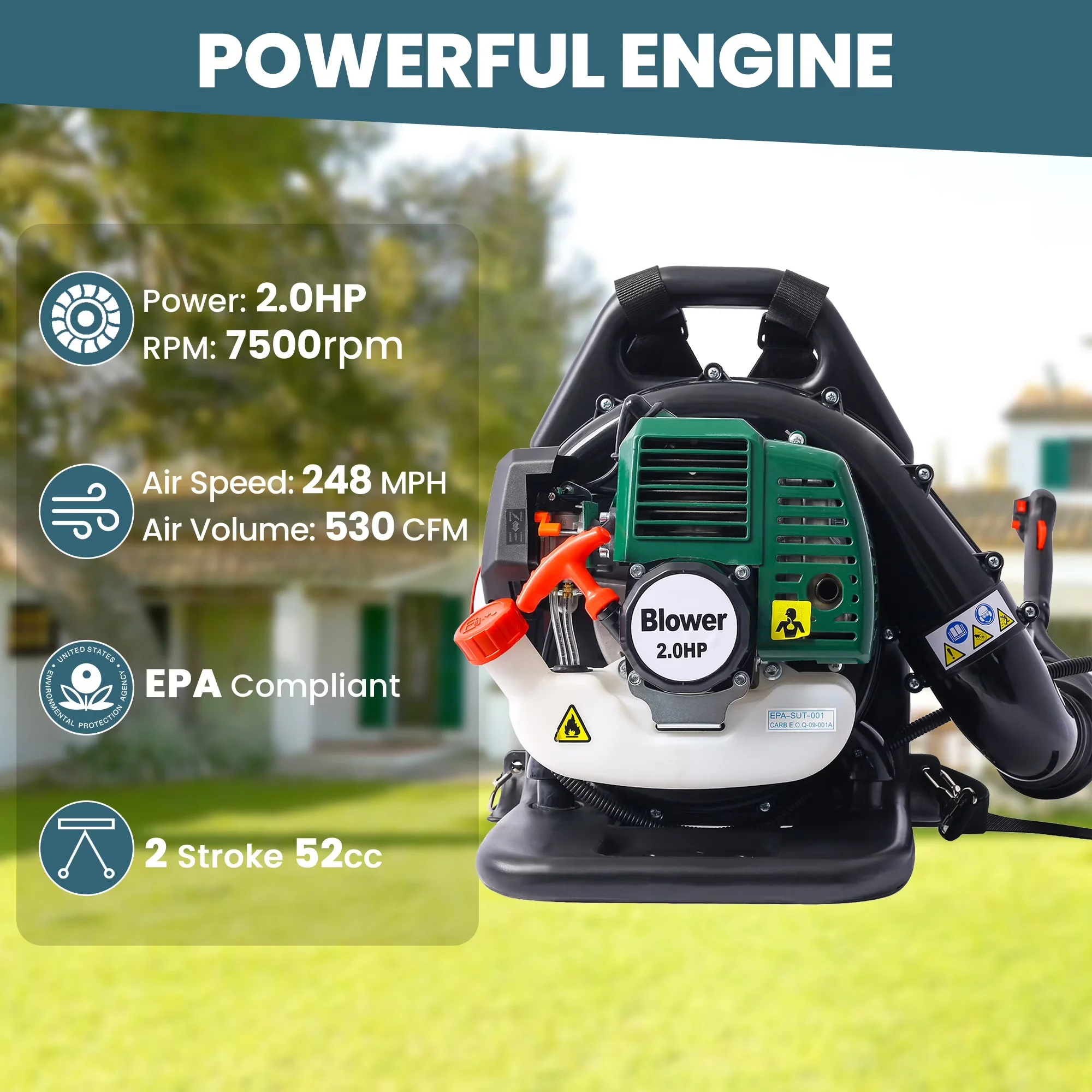 Efficient Leaf Blower with Adjustable Handle & Extended Tube, Backpack Gas Powered 52CC - Model A12ACC