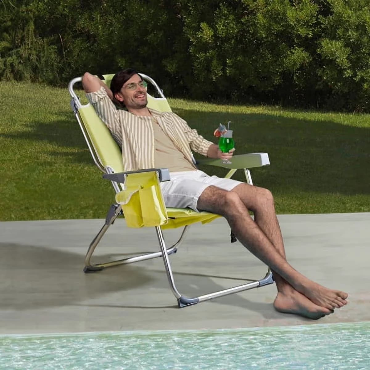 Professional Beach Chair with Folding, Cup Holder Storage Pouches Yellow - Yellow Model 7B6D16