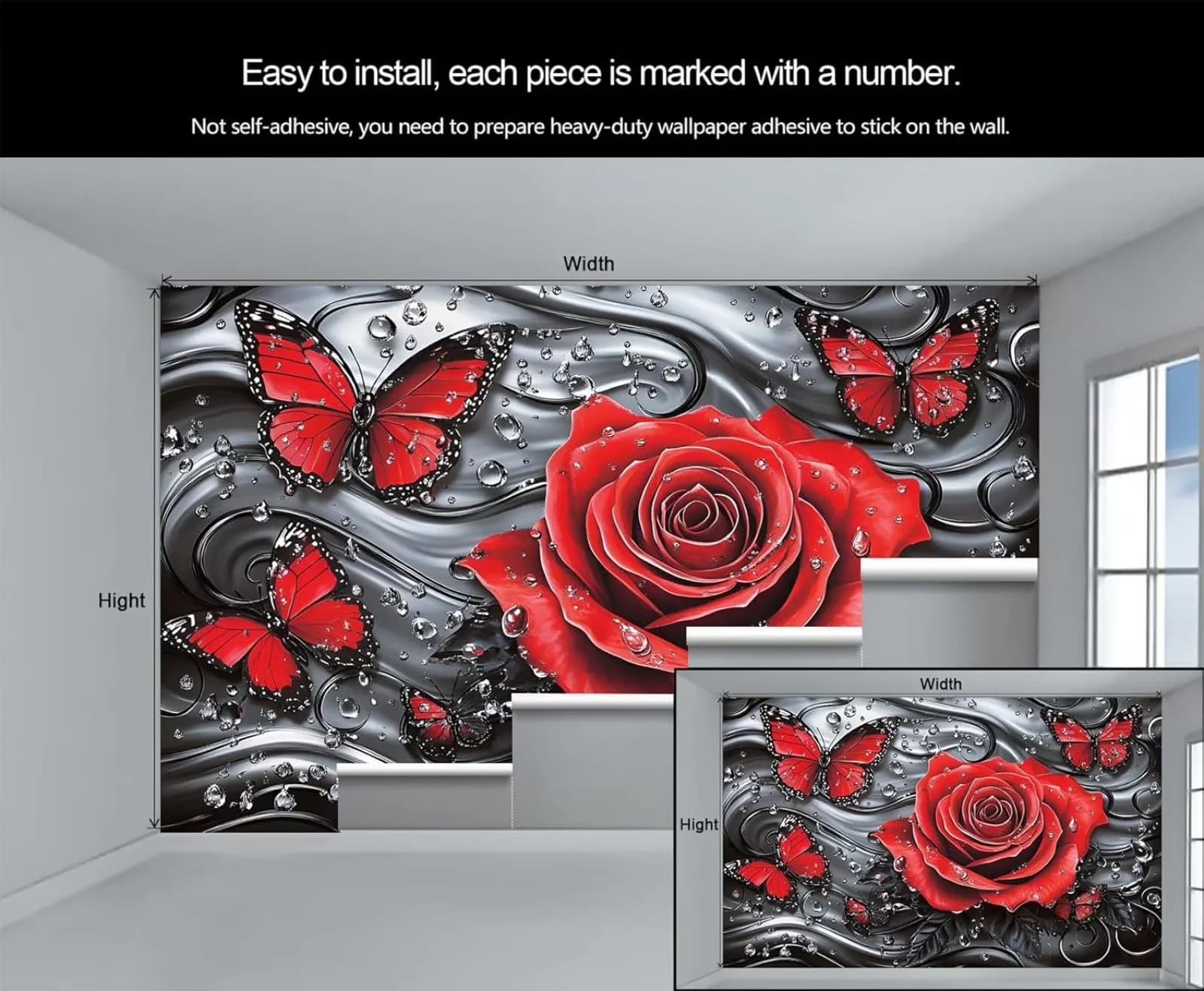 Wallpaper Sleek with Durable, Flower Butterfly Mural, Large Black Red Rose - High-Quality Canvas 55"W x 28"H for Living Room, Bedroom Model DE5617