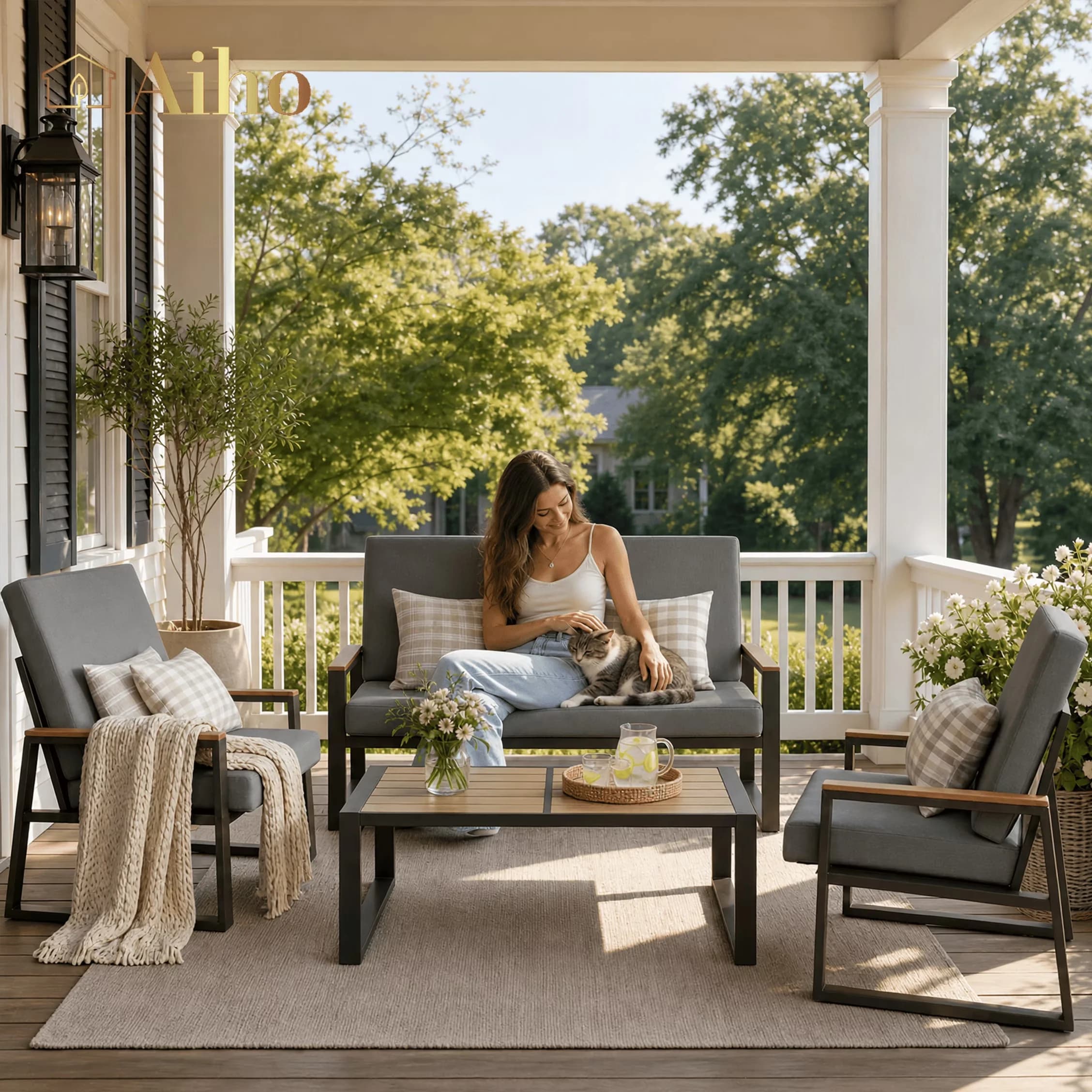 Durable Patio Conversation Set with Weatherproof, Reclining, All-Weather Outdoor - Gray Wpc, High-Density Sponge, Pu-Coated, Wood,... Model E11954