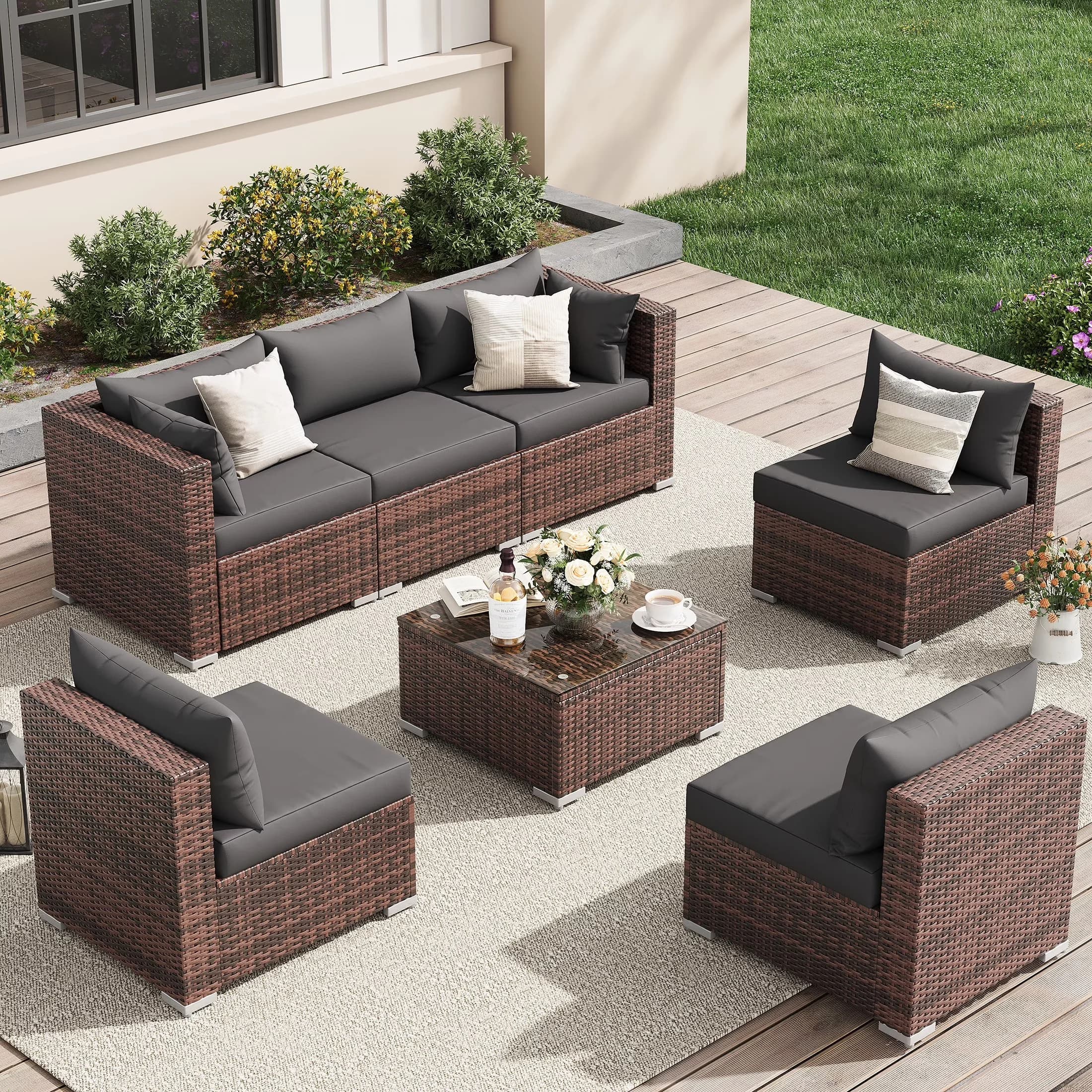 Patio Conversation Set Classic with 7-Piece Rattan Outdoor, Glass Coffee Table, Grey - Synthetic, Tempered Glass, Rattan, Steel,... Model 1FA0FC