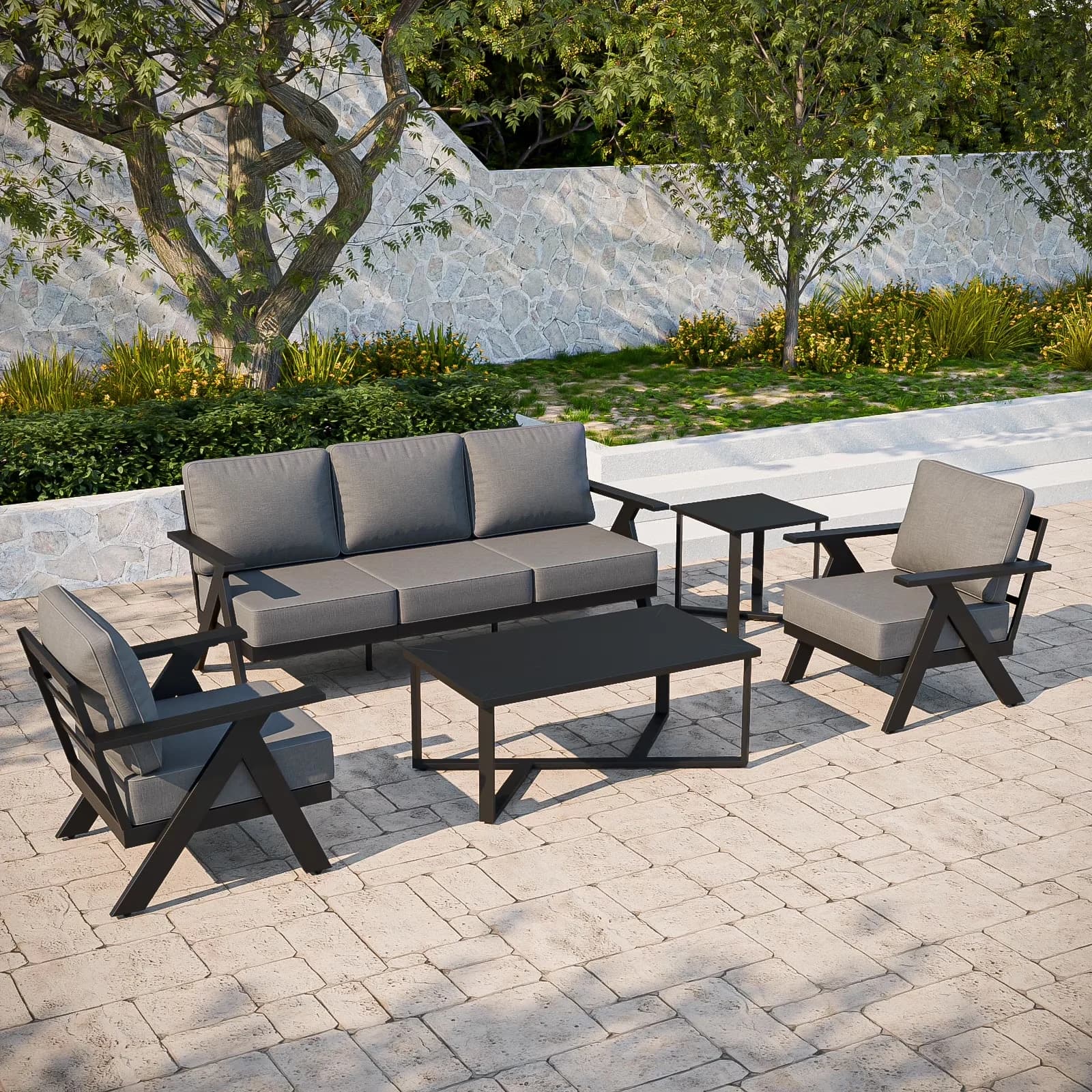 Sleek Patio Conversation Set with Weatherproof, Coffee Table and Side Table, Chairs 3 Seat Couch - Black Model FF4C5B