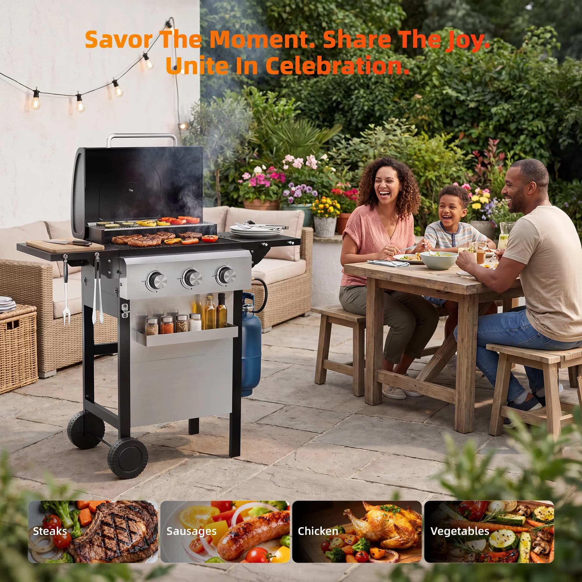Gas Grill Sleek with 28650 BTU, Heat Thermometer, 3 Burner BBQ Propane - Stainless Steel Model EBA90F