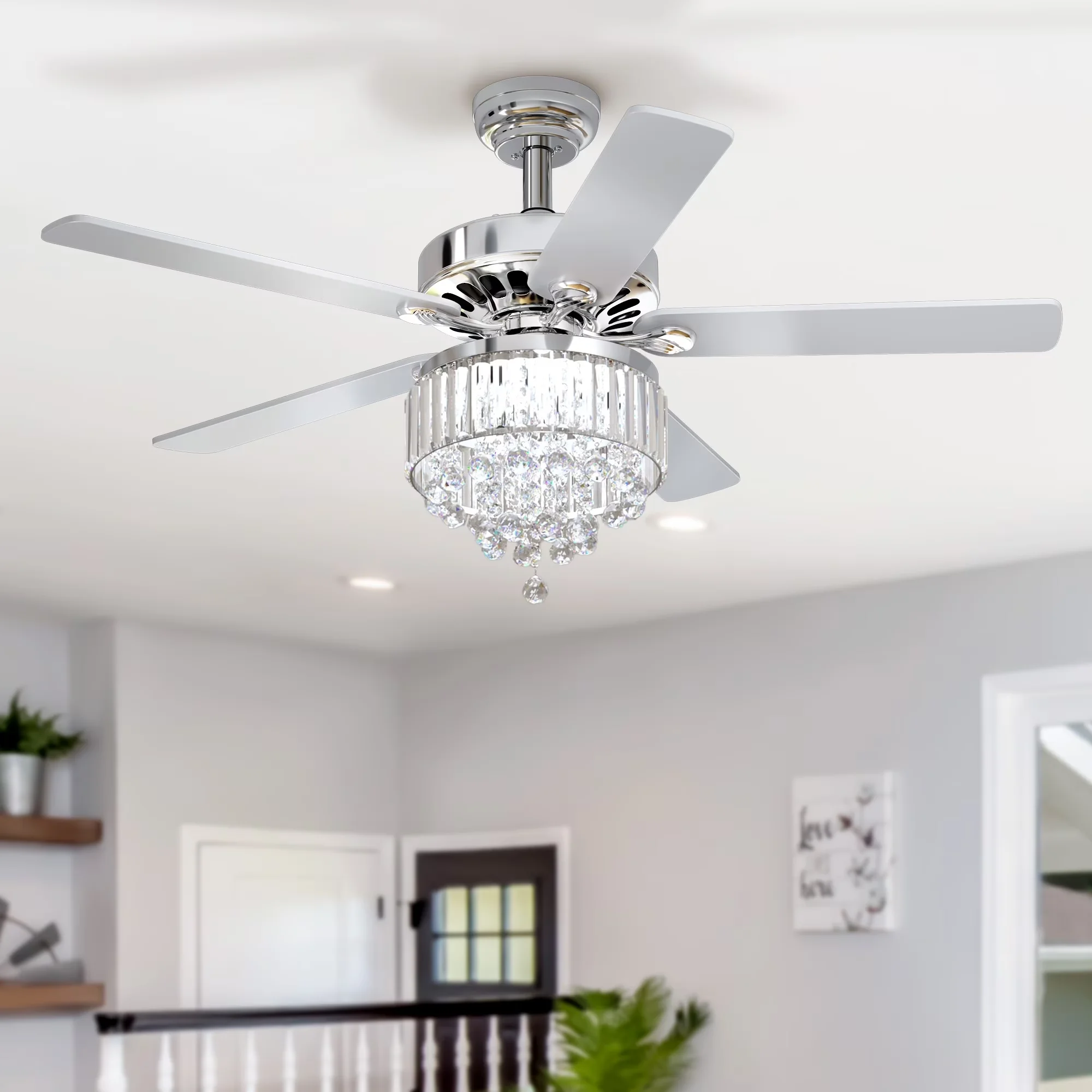 Professional Ceiling Fan with LED, Remote Controlled, Crystal Light With 5 Blades - Wood Silver Model 003F26