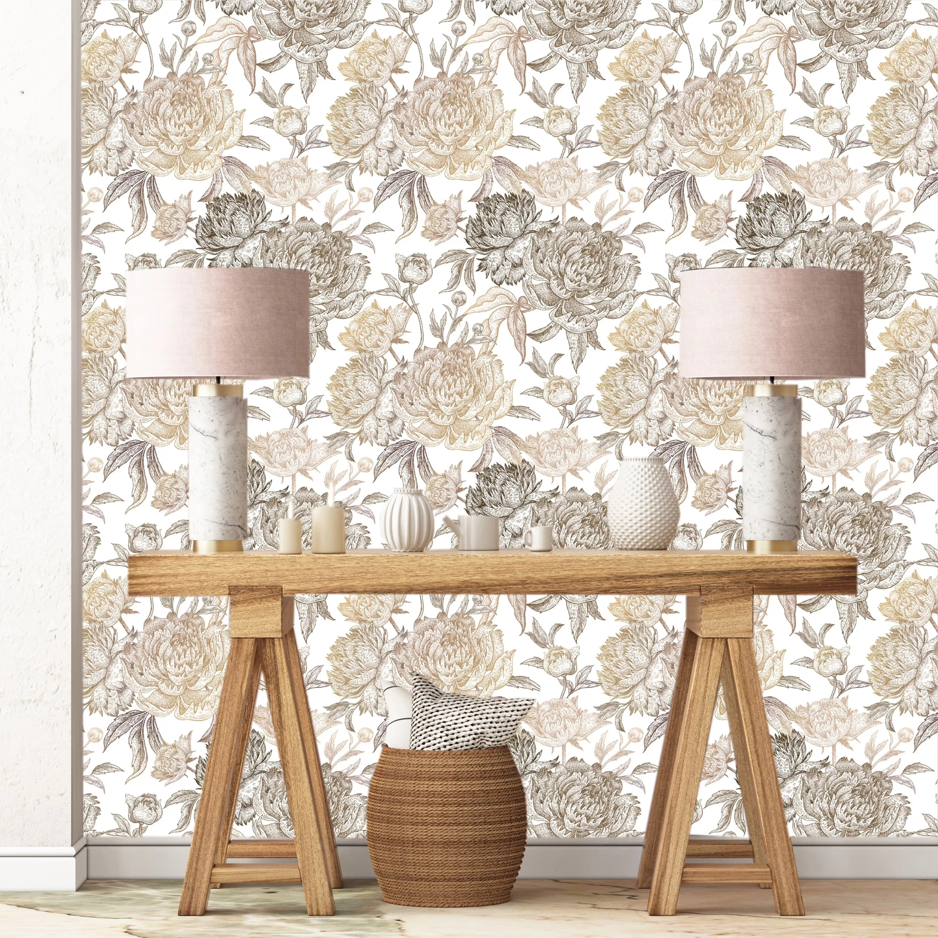 Versatile Wallpaper with Removable, 24'' inch x 10'ft, Summer Golden Peonies Peel and Stick - Gold Vinyl Model 47A54C