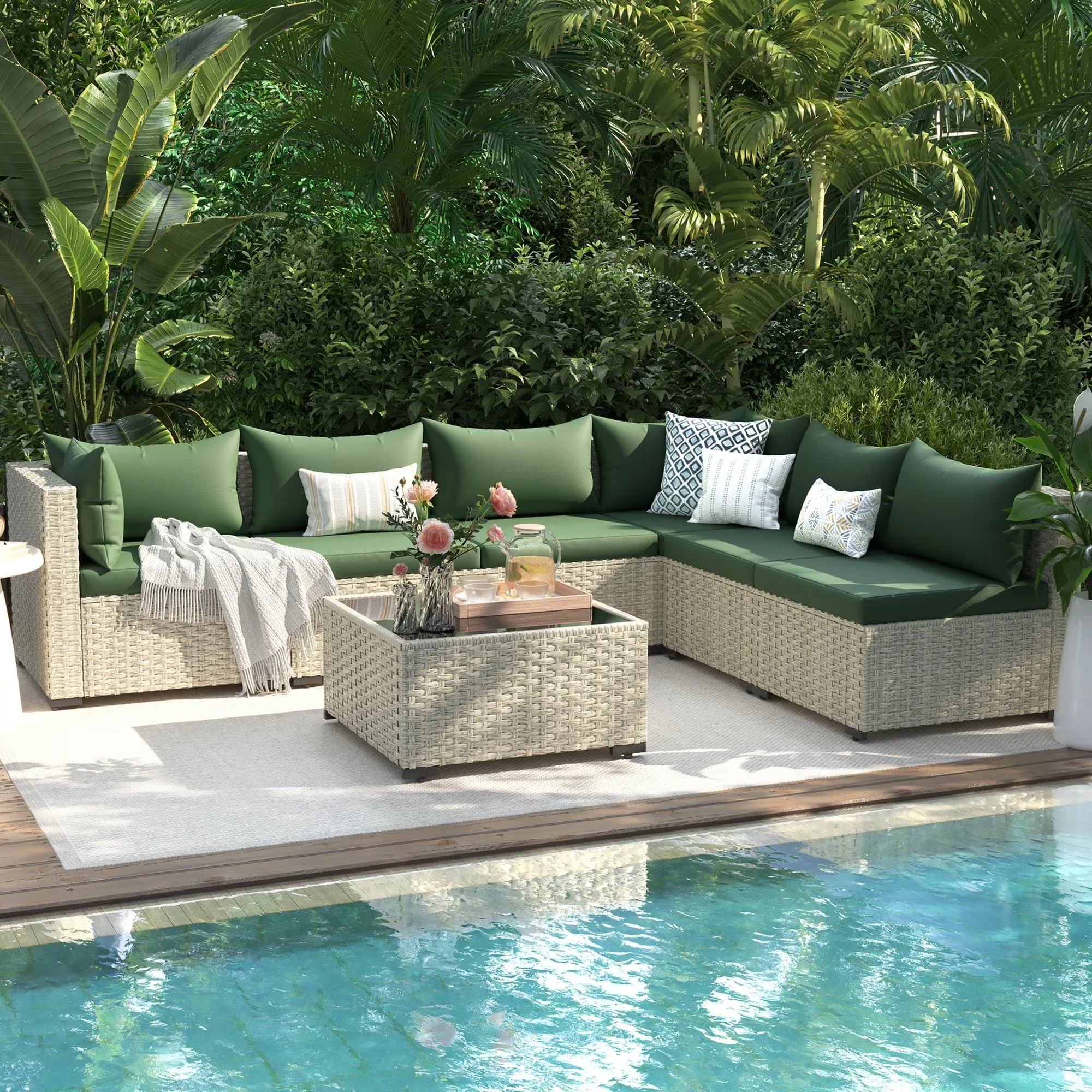 Patio Conversation Set Efficient with Weatherproof, Furniture Sets - Green Pe Wicker Model C17321