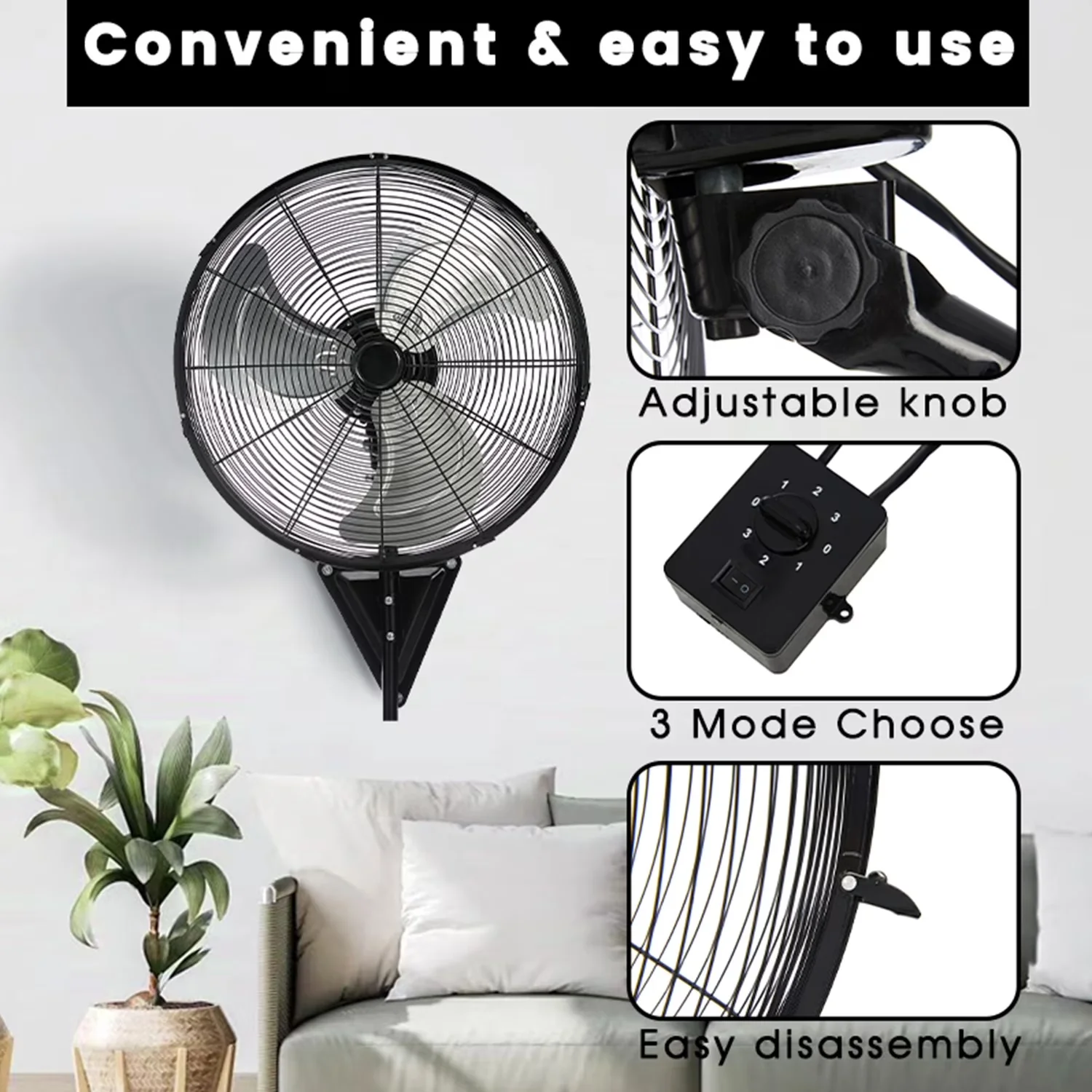 Premium Fans In Cooling with Oscillating, 22in Wall Mount Fan - Stainless Steel Black for Garage, Home Model B600D8