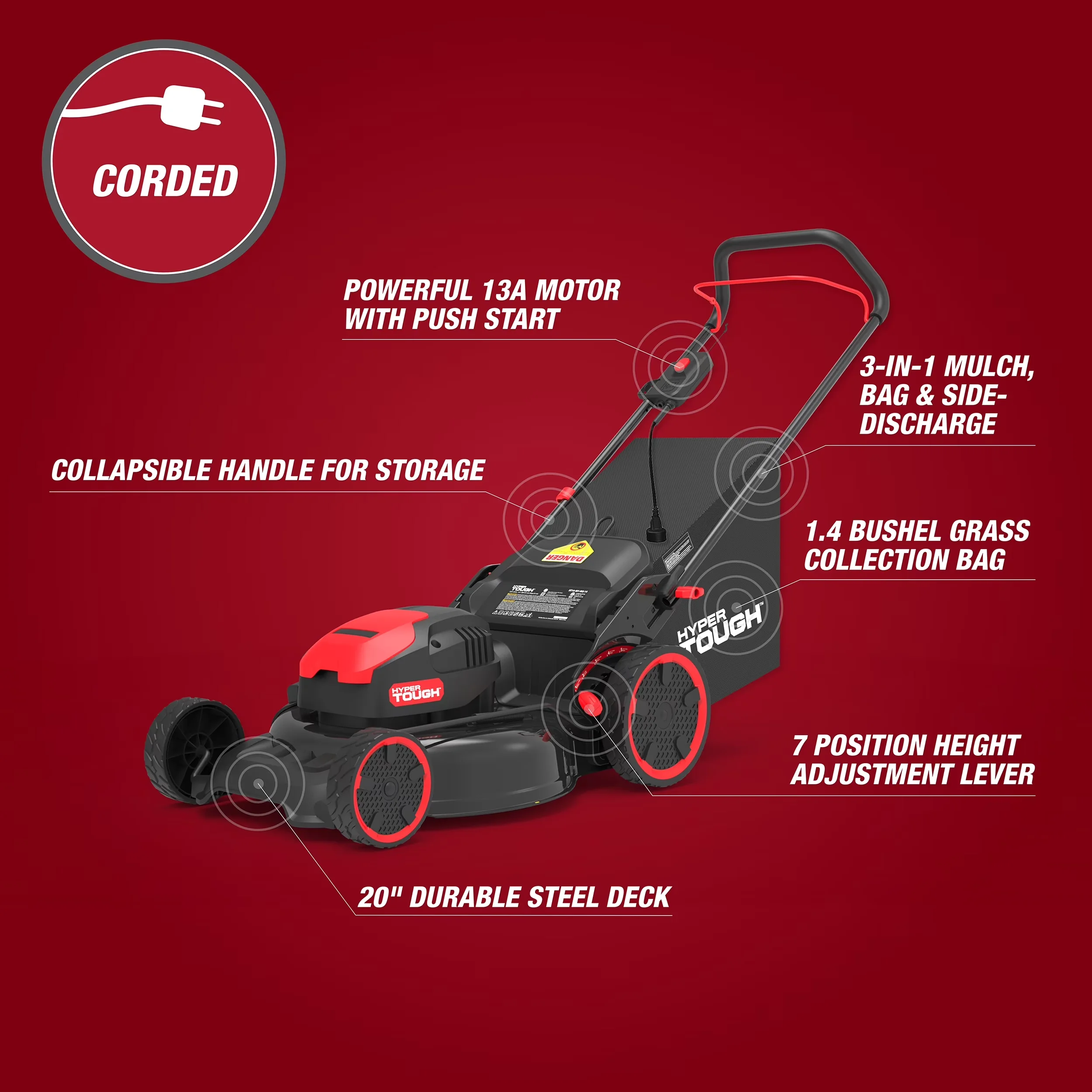 Durable Push Mower with Bagger, Mulching - Black 13A - Industrial Grade Model C21B6F