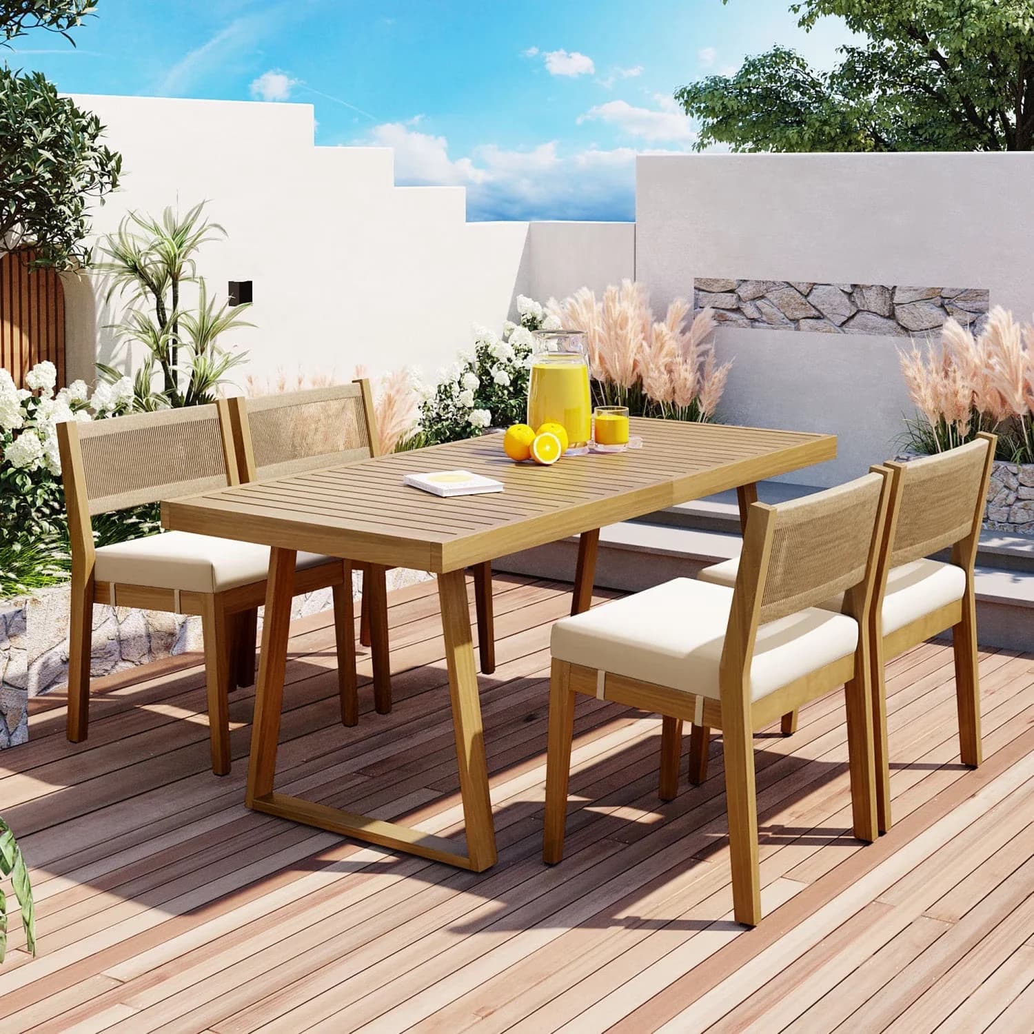 Patio Dining Set Essential with Outdoor Acacia Wood, Table Net Weight:41.8lbs - Acacia Wood Beige Model FD532B