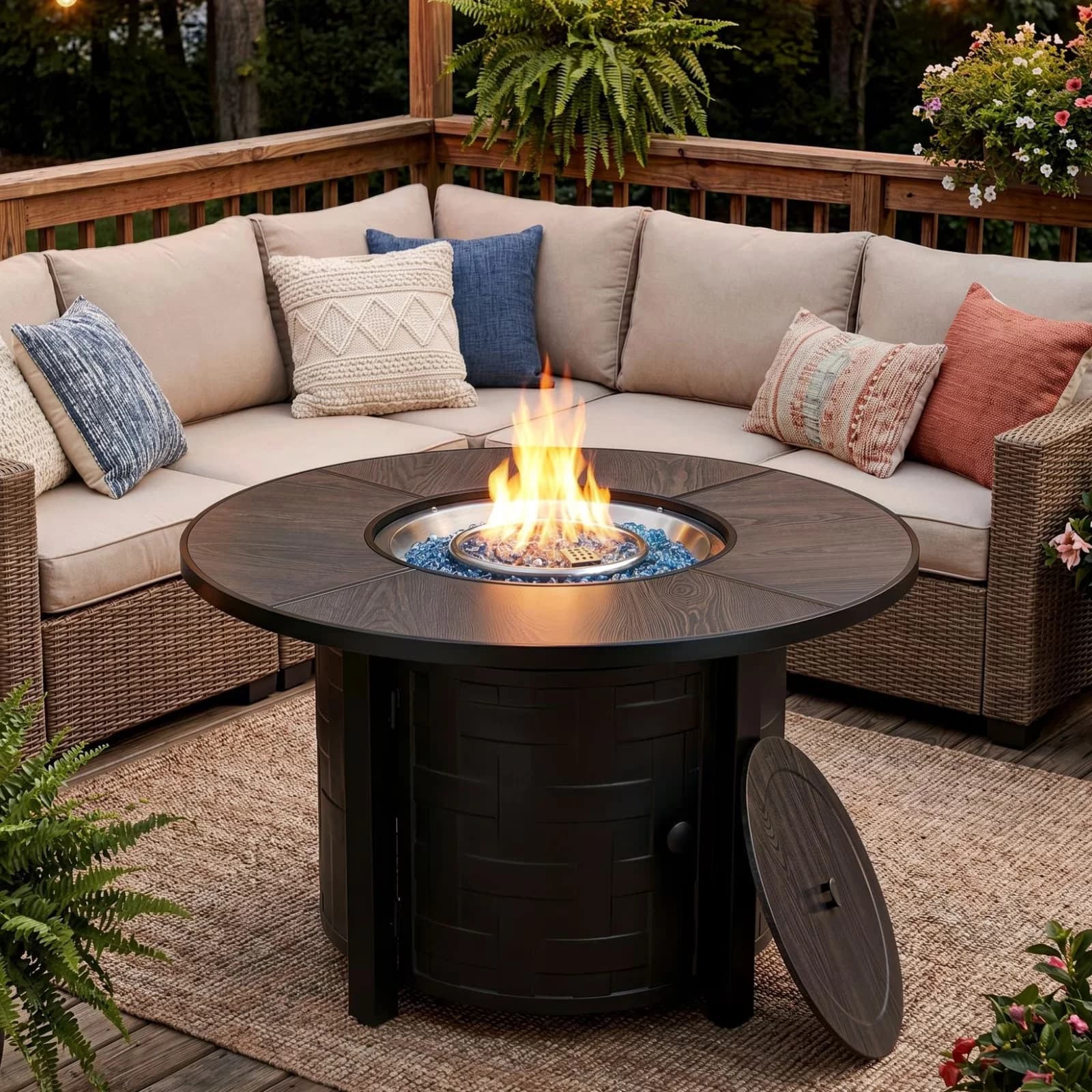 Essential Outdoor Heating with 50000 BTU, Automatic Shutoff - Black Iron, Stainless Steel, Blue Glass Rocks Model 65E4B6