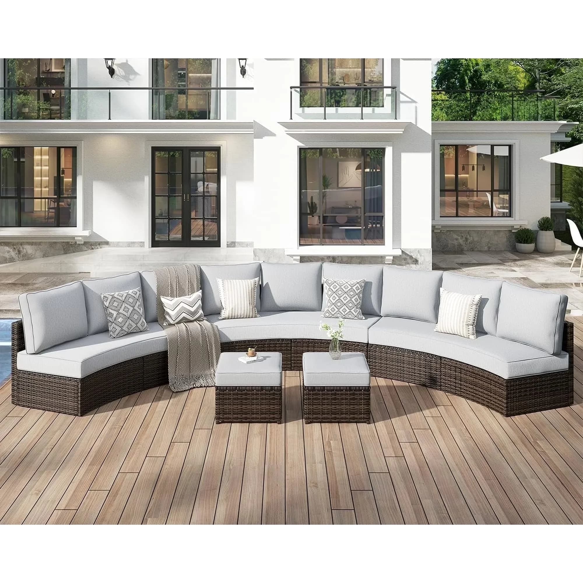 Compact Outdoor Sofas Sectional with Contemporary, Uv Resistant, Soft Cushions and Ottoman - Gray Wicker Model F91F57