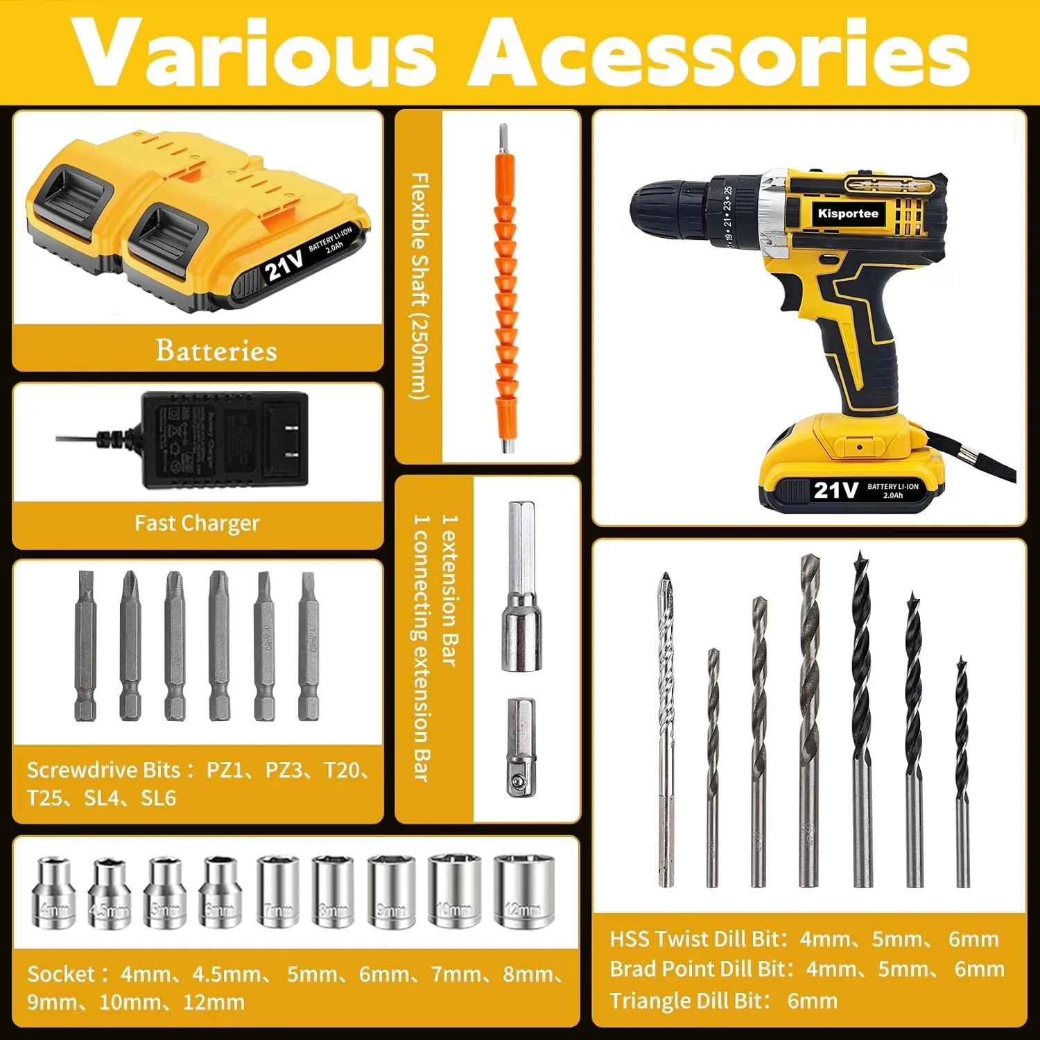Quality Drills Driver with Battery, 21V, Anti-Slip - Yellow - Traditional Style Model 07138C