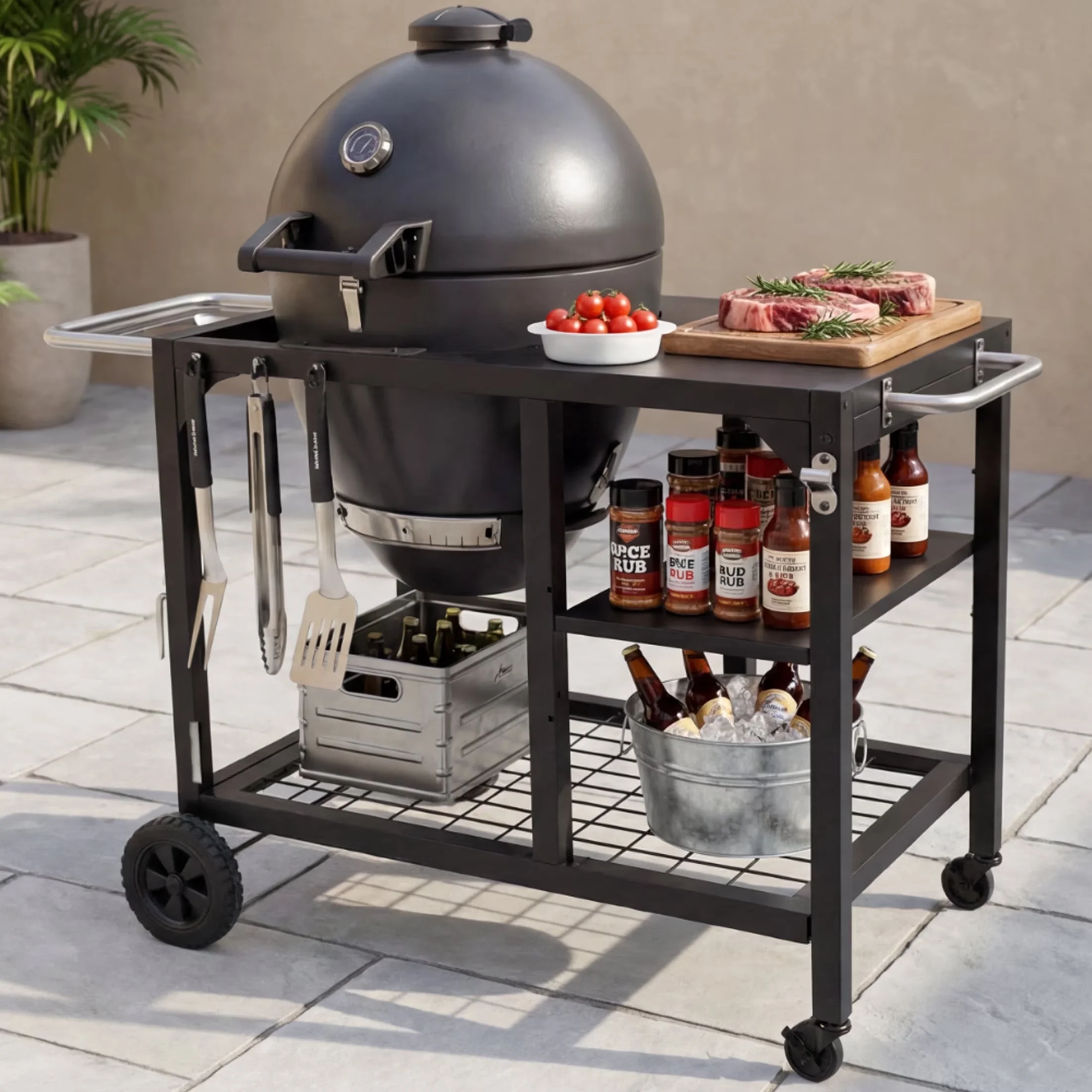 Durable Smoker with Adjustable Air Vents, Grease Pan, 22" Kamado Charcoal Grill & - Black Steel Model 6B39A2