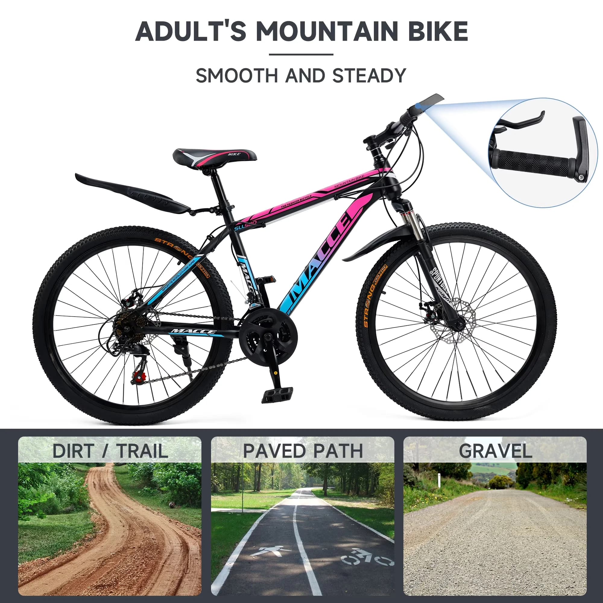 Innovative Mountain Bike with Adjustable Seat Height, Adjustable Speed, Fashion-forward spring suspension fork - Pink Model 2FBDF1