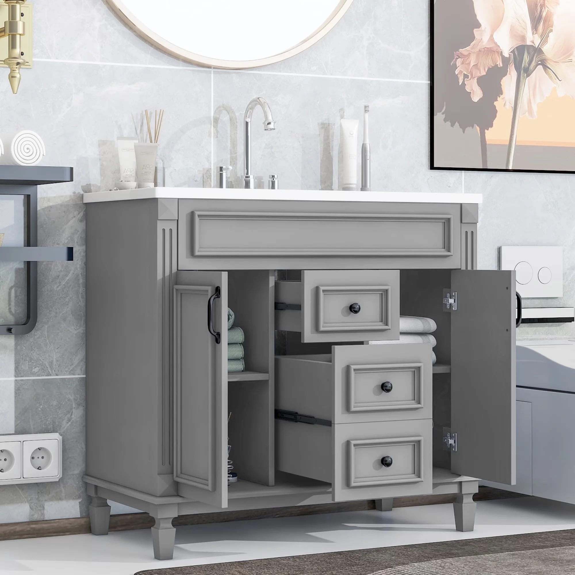 Sleek Bathroom Renovation with 2 Soft Closing Doors and 2 Drawers, Overall Product:35.9"L x 18.1"W x 34"H - Model DC9A96