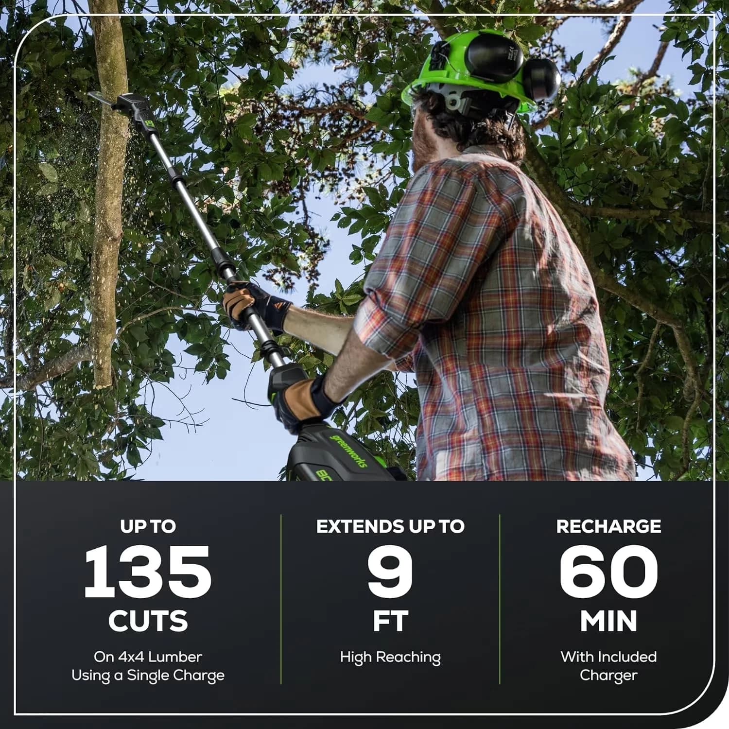 Pole Saw Efficient with Battery, 80V, Automatic Chain Oiler - Green - Essential Collection Model ABF9DA