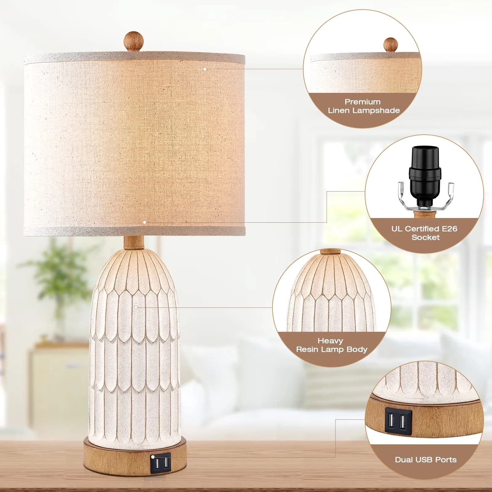Classic Table Lamp with LED, Usb Port, Farmhouse - Resin White for Living Room, Bedroom Model 2659CC