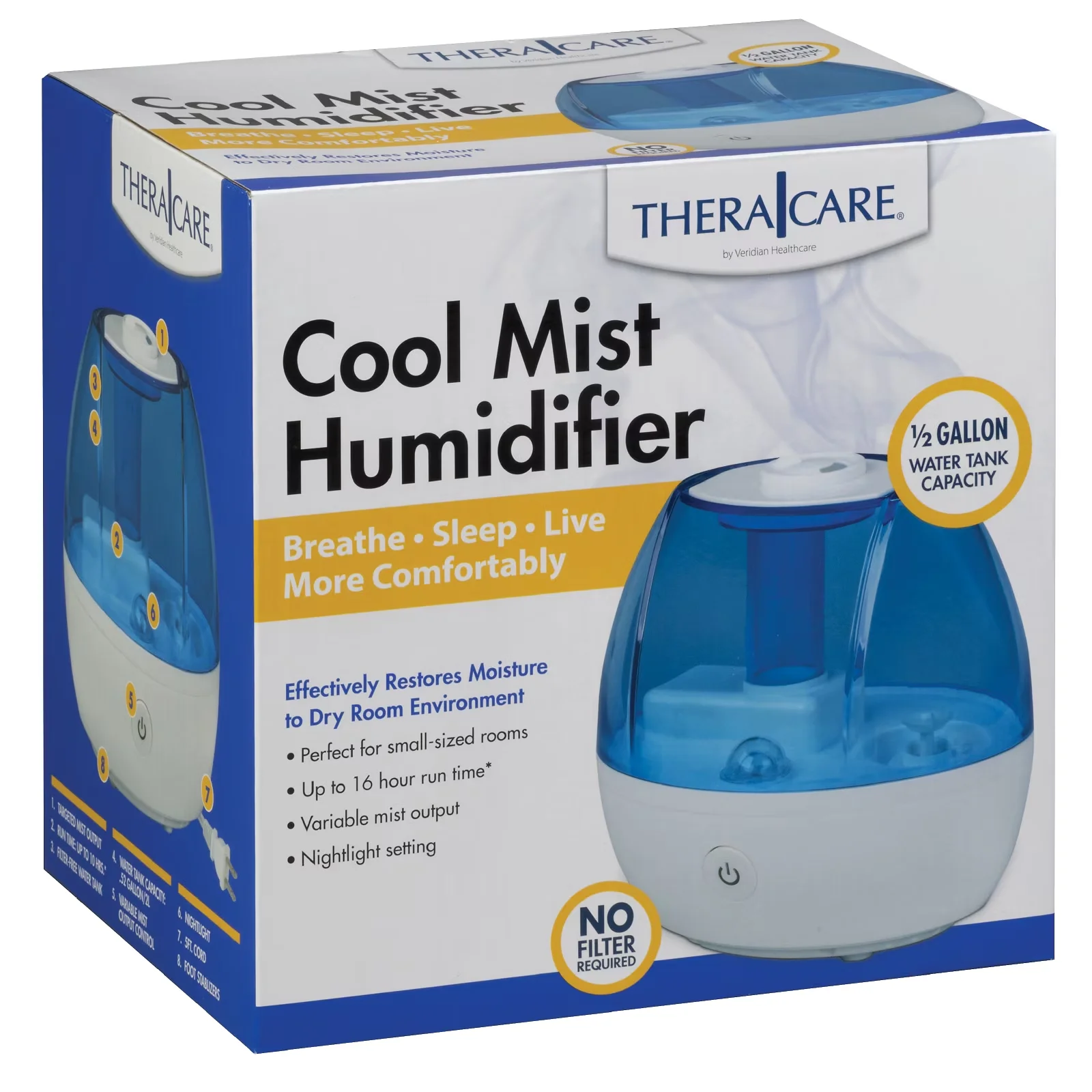 Efficient Humidifier with Variable Speed, Up to 16.6-hour run time - Blue for Rooms Model 2D01FB